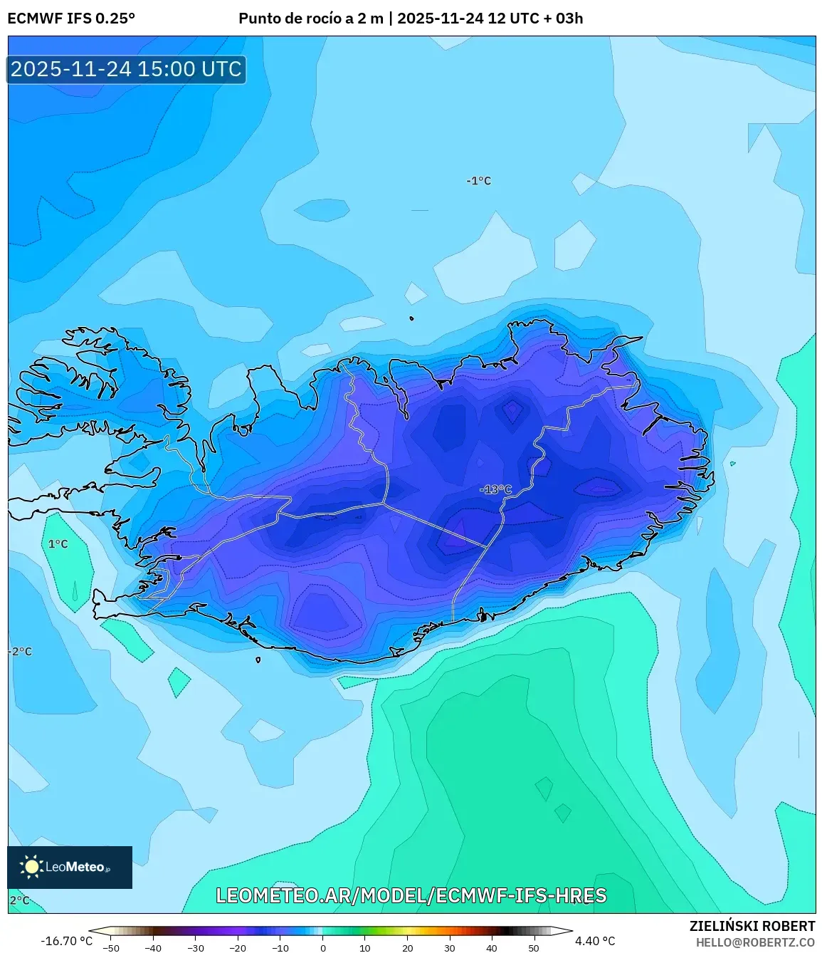 ECMWF IFS 0.25° model - Islandia, Punto de rocío a 2 m