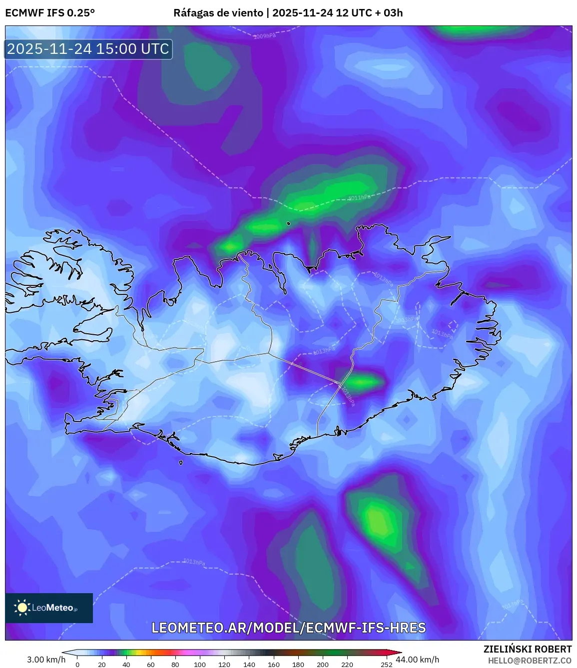 ECMWF IFS 0.25° model - Islandia, Ráfagas de viento