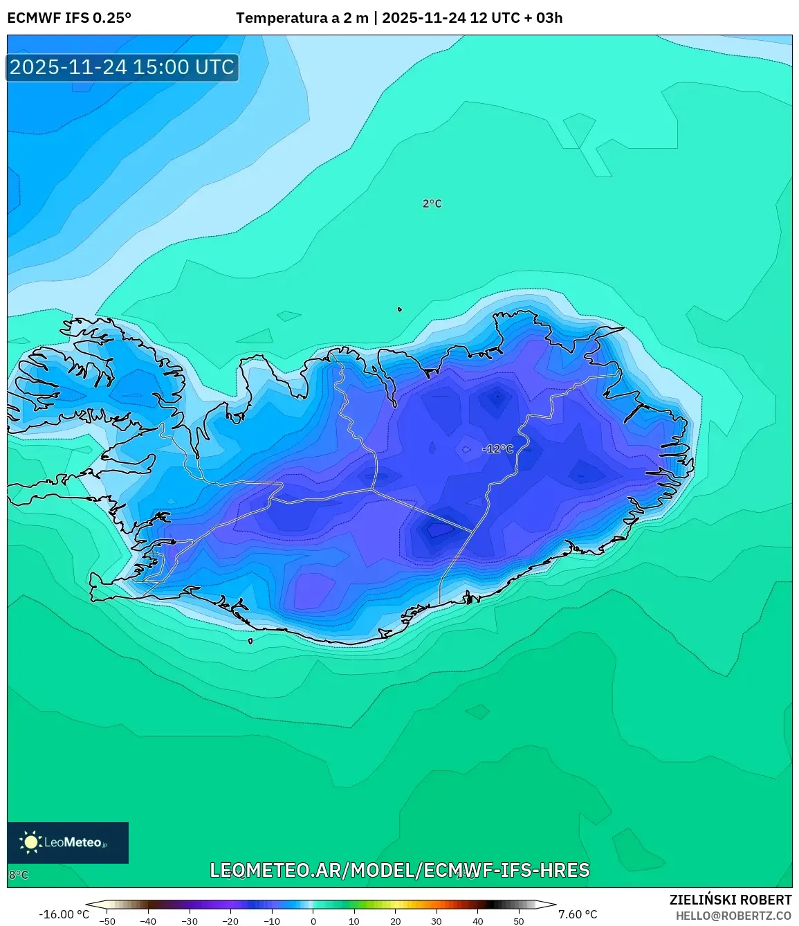 ECMWF IFS 0.25° model - Islandia, Temperatura a 2 m