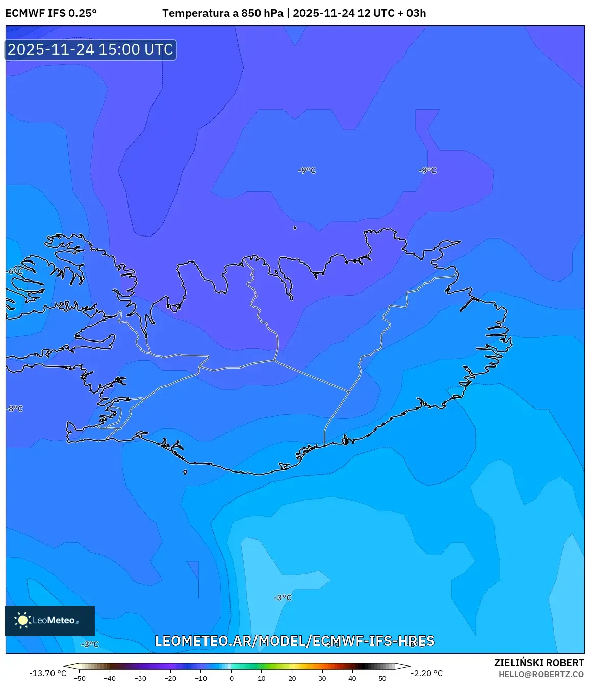 ECMWF IFS 0.25° model - Islandia, Temperatura a 850 hPa