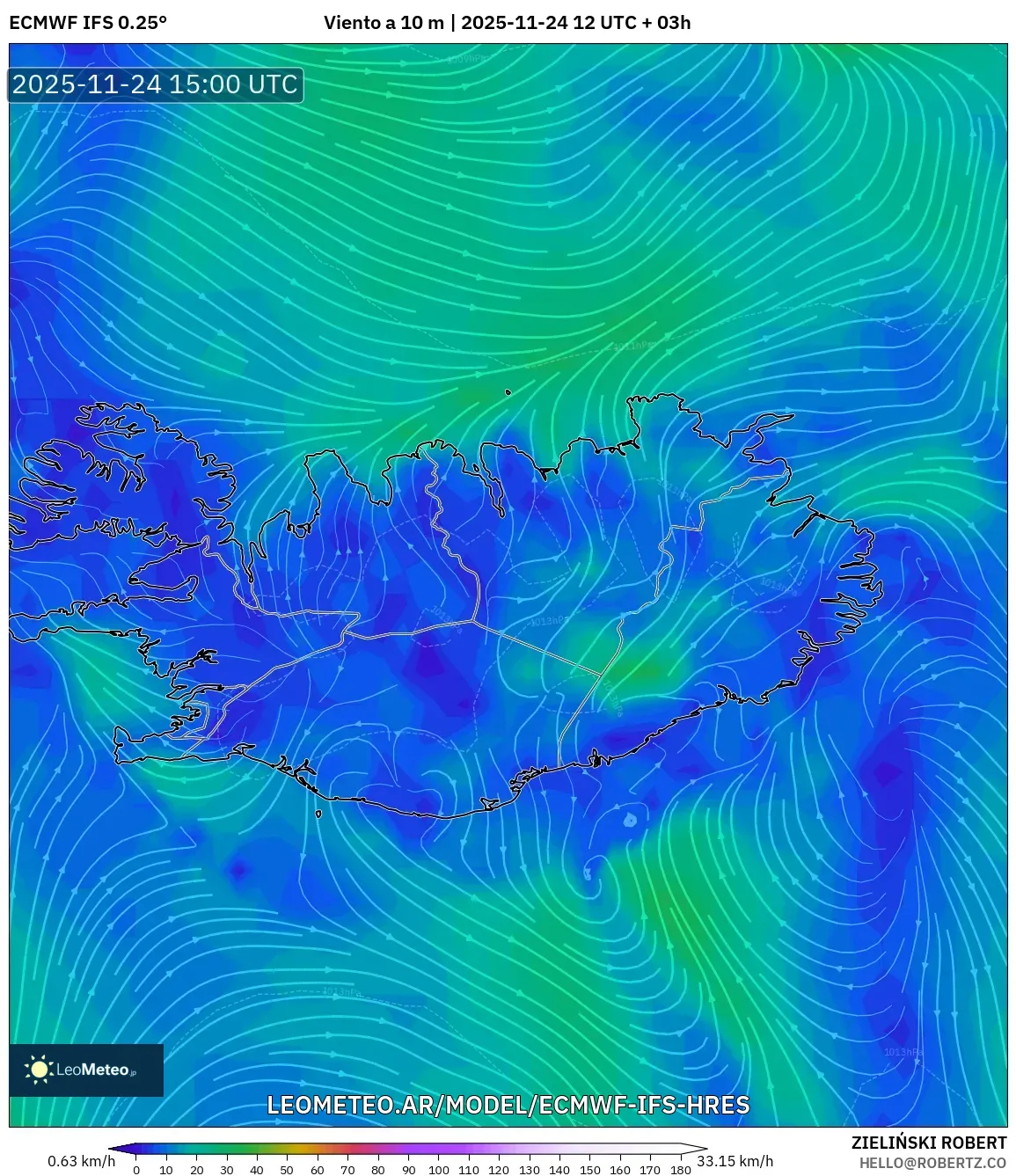 ECMWF IFS 0.25° model - Islandia, Viento a 10 m