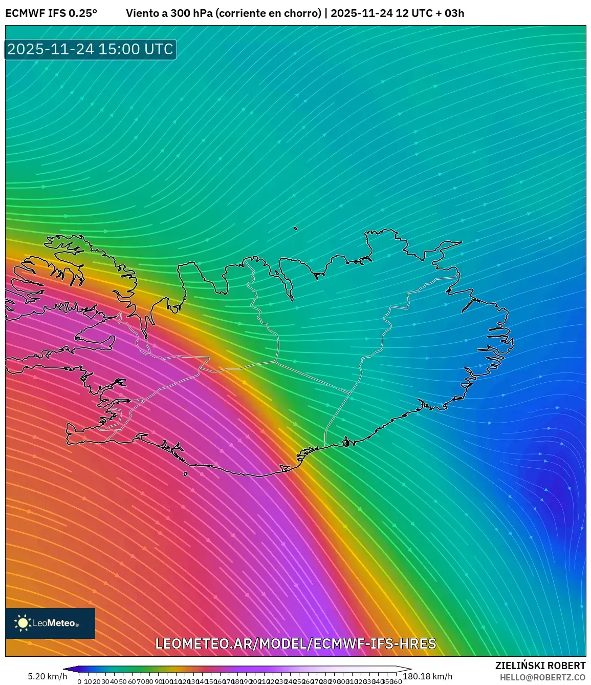 ECMWF IFS 0.25° model - Islandia, Viento a 300 hPa (corriente en chorro)