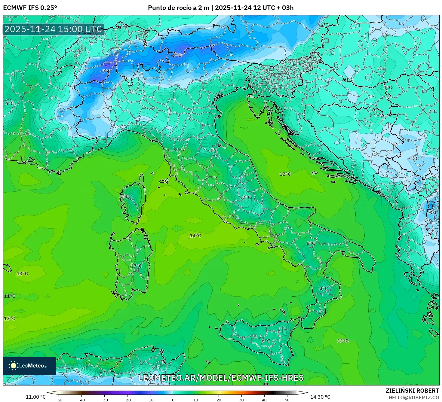 ECMWF IFS 0.25° model - Italia, Punto de rocío a 2 m