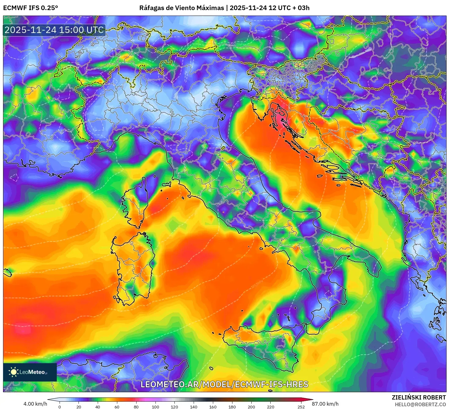 ECMWF IFS 0.25° model - Italia, Ráfagas de Viento Máximas