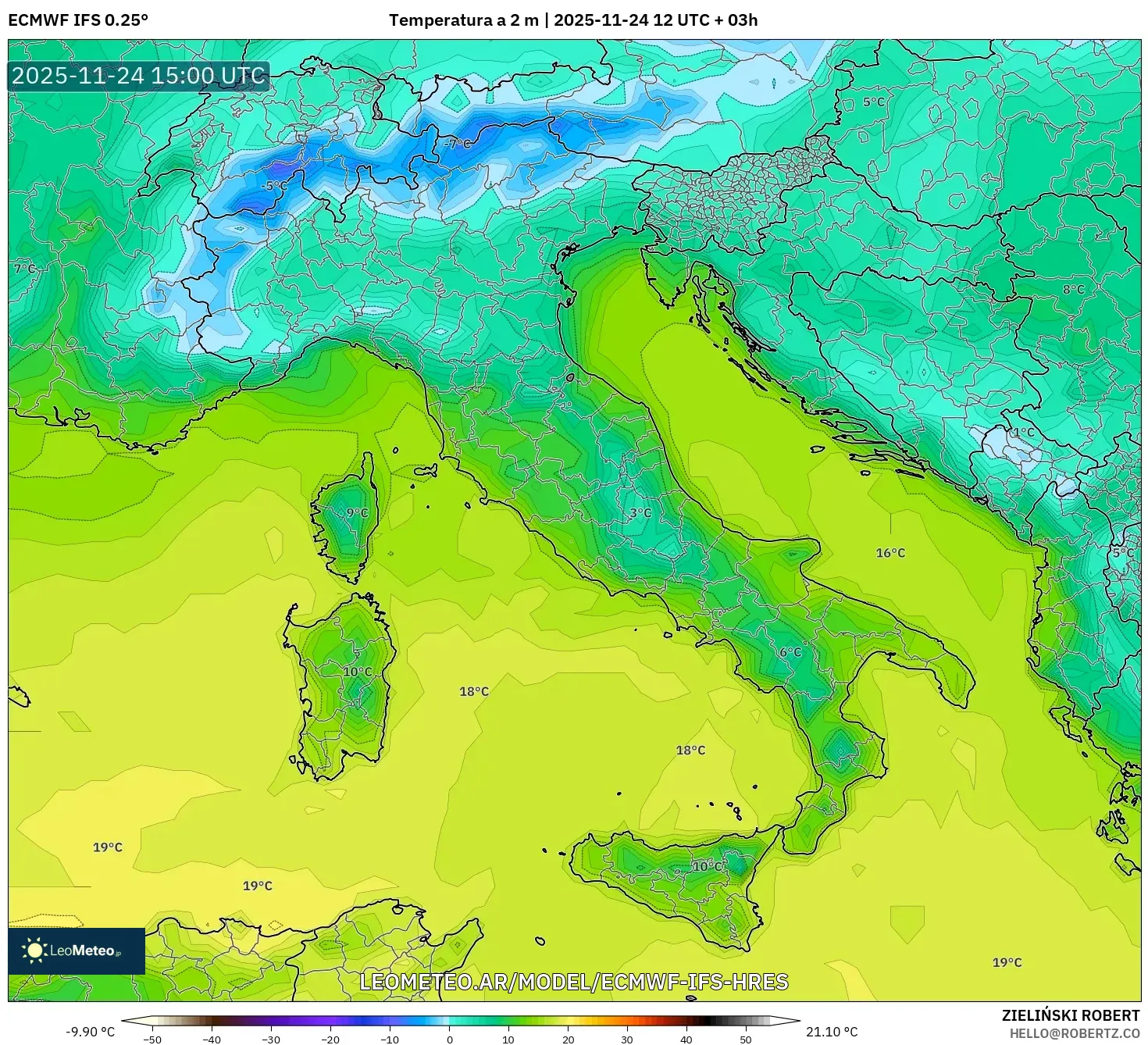ECMWF IFS 0.25° model - Italia, Temperatura a 2 m
