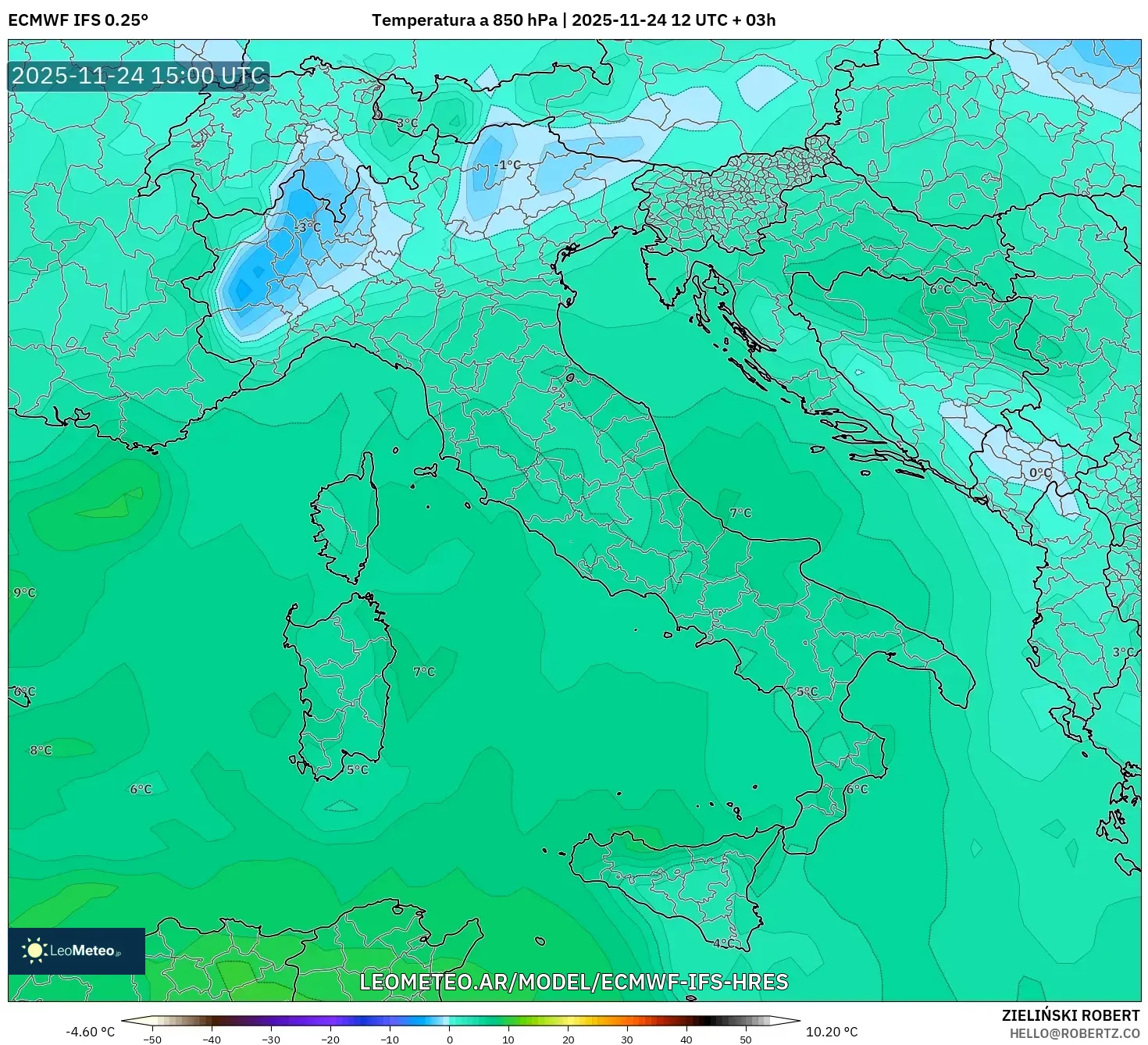 ECMWF IFS 0.25° model - Italia, Temperatura a 850 hPa