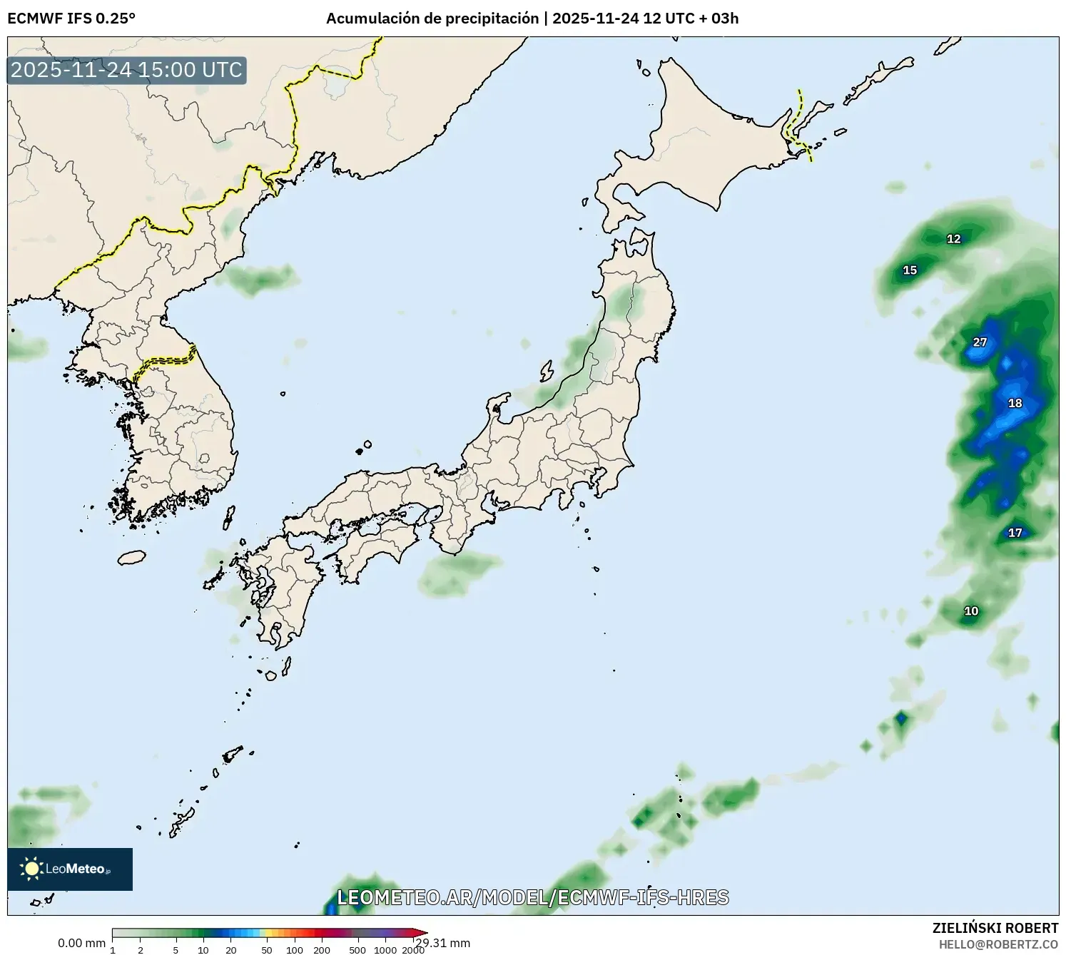 ECMWF IFS 0.25° model - Japón, Acumulación de precipitación