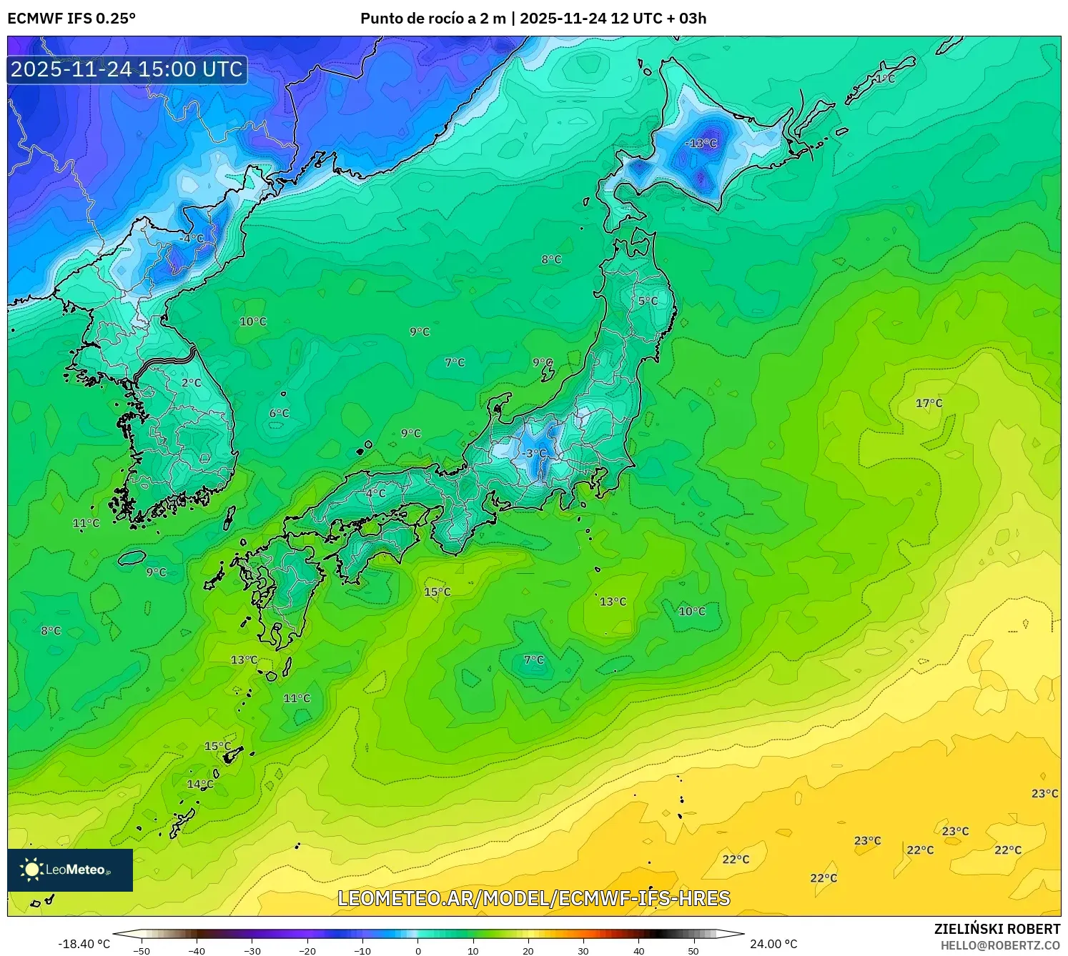 ECMWF IFS 0.25° model - Japón, Punto de rocío a 2 m