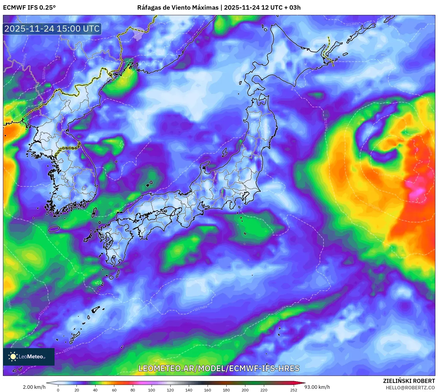 ECMWF IFS 0.25° model - Japón, Ráfagas de Viento Máximas