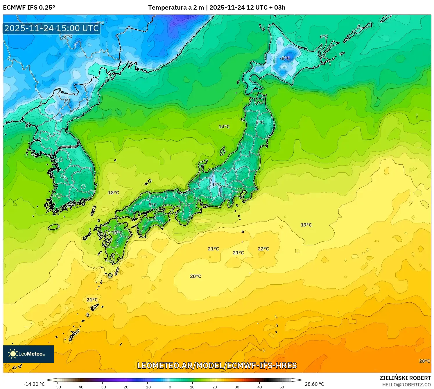 ECMWF IFS 0.25° model - Japón, Temperatura a 2 m