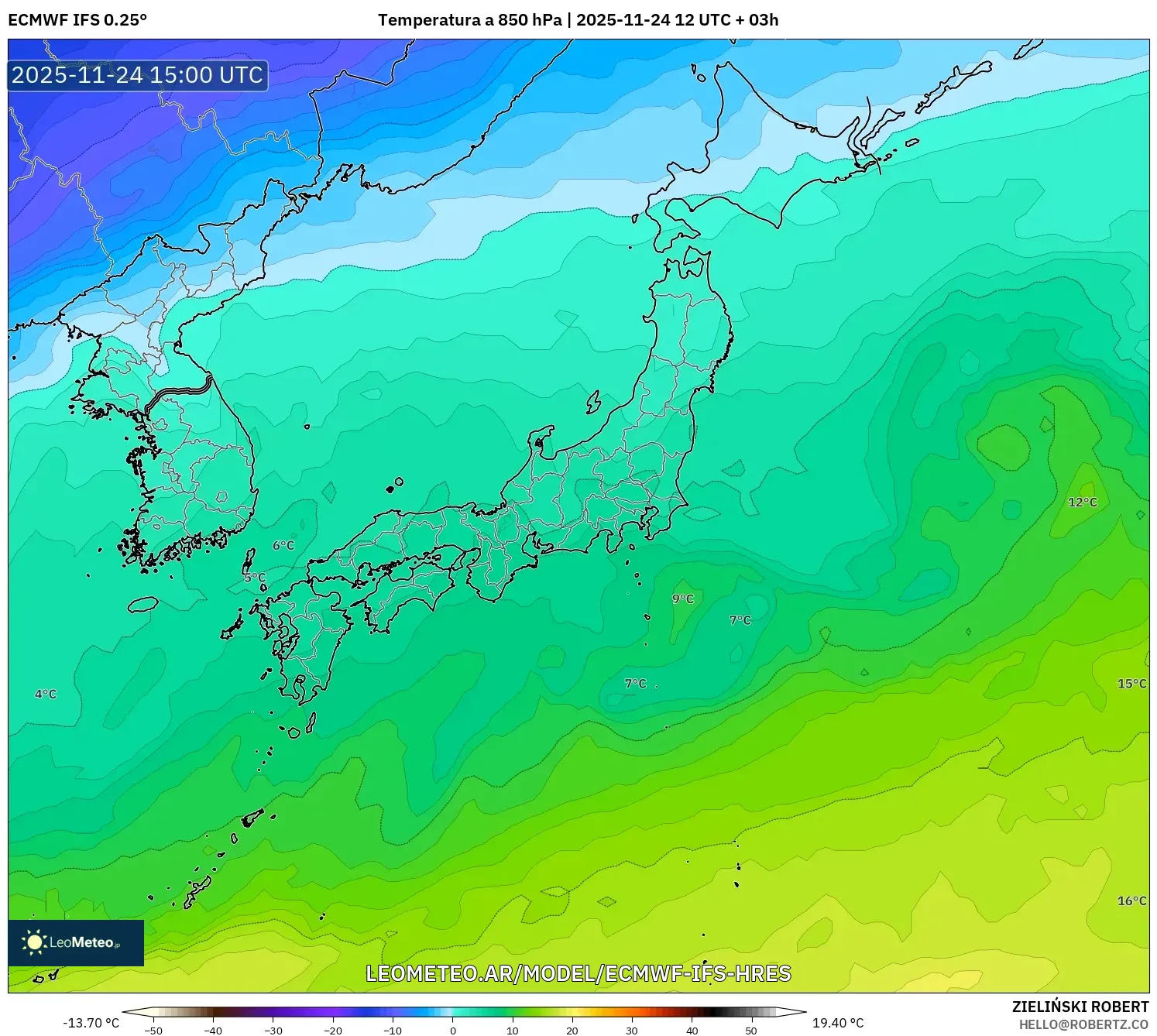 ECMWF IFS 0.25° model - Japón, Temperatura a 850 hPa