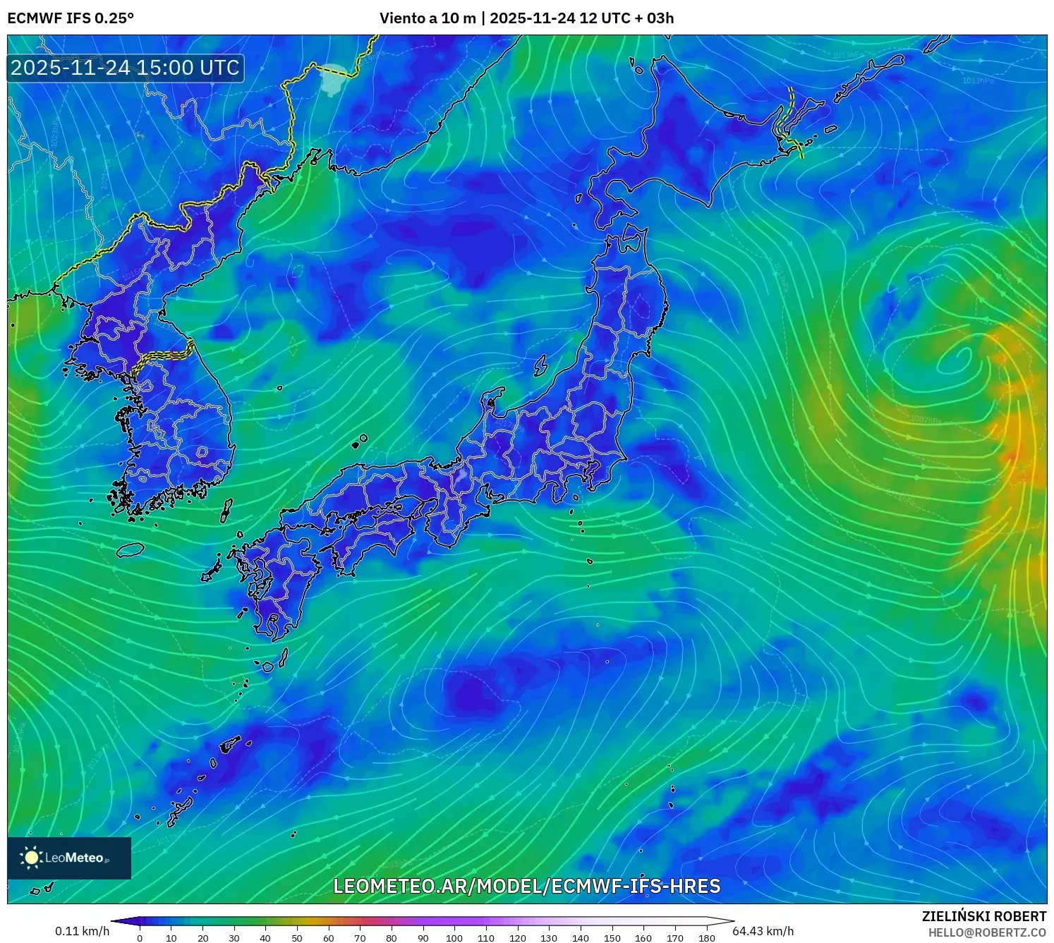 ECMWF IFS 0.25° model - Japón, Viento a 10 m