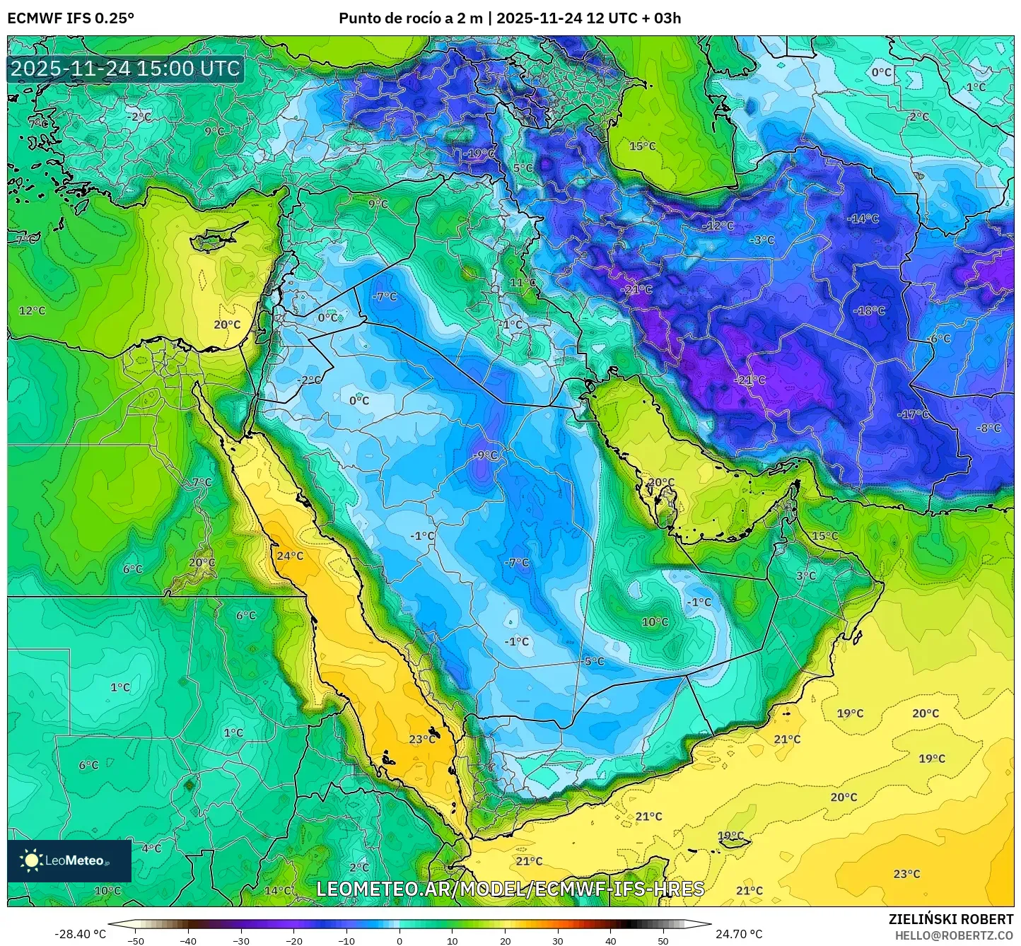 ECMWF IFS 0.25° model - Oriente Medio, Punto de rocío a 2 m