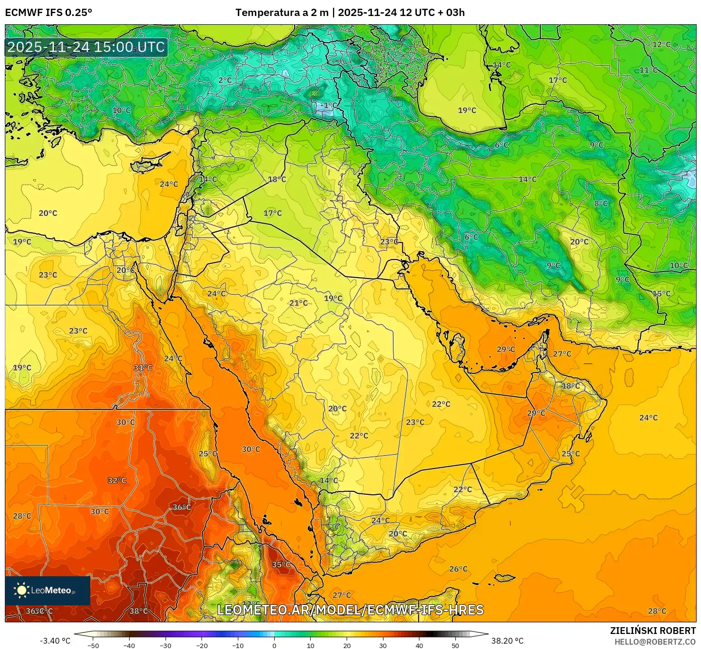 ECMWF IFS 0.25° model - Oriente Medio, Temperatura a 2 m