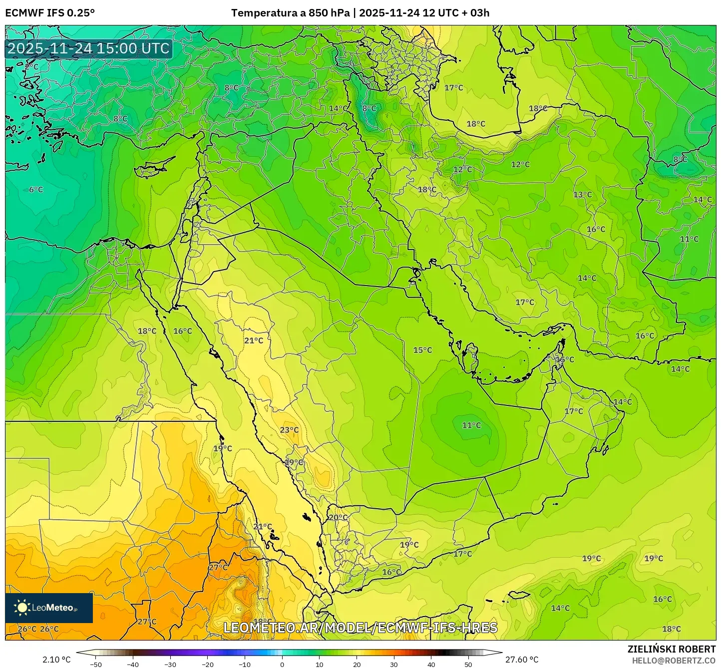 ECMWF IFS 0.25° model - Oriente Medio, Temperatura a 850 hPa