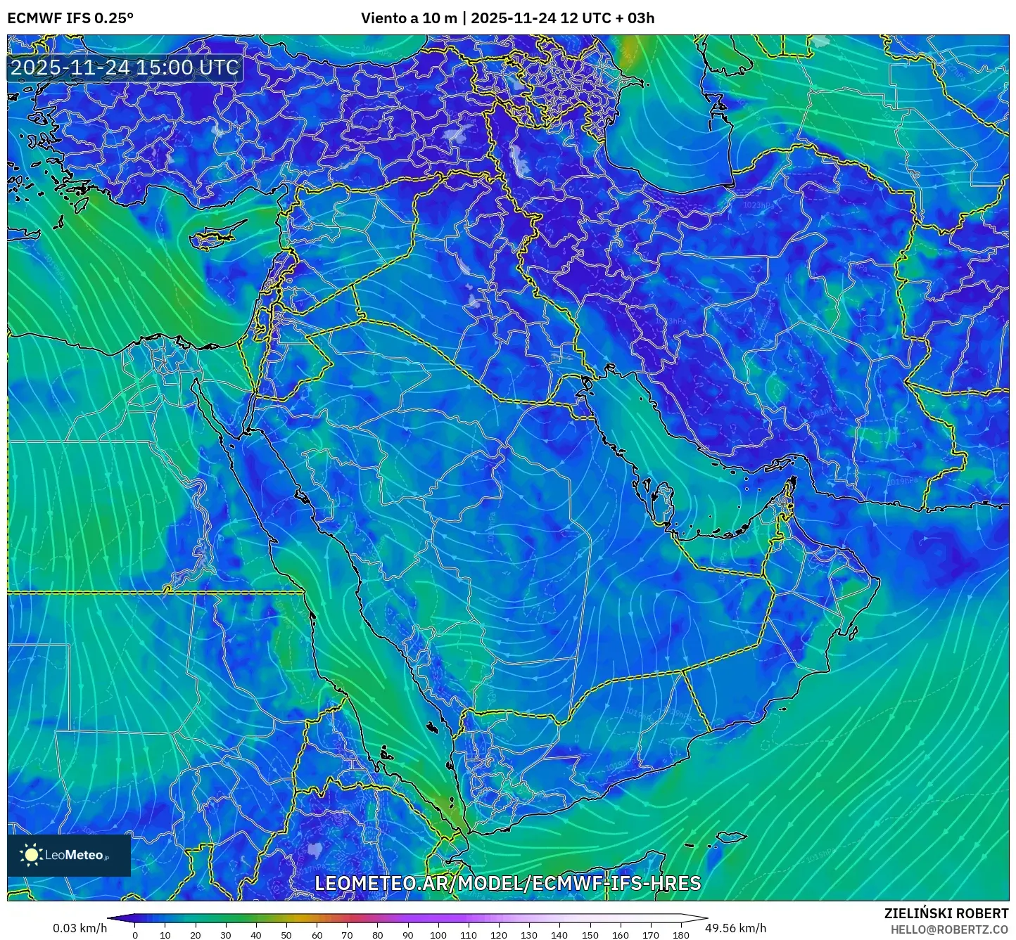 ECMWF IFS 0.25° model - Oriente Medio, Viento a 10 m
