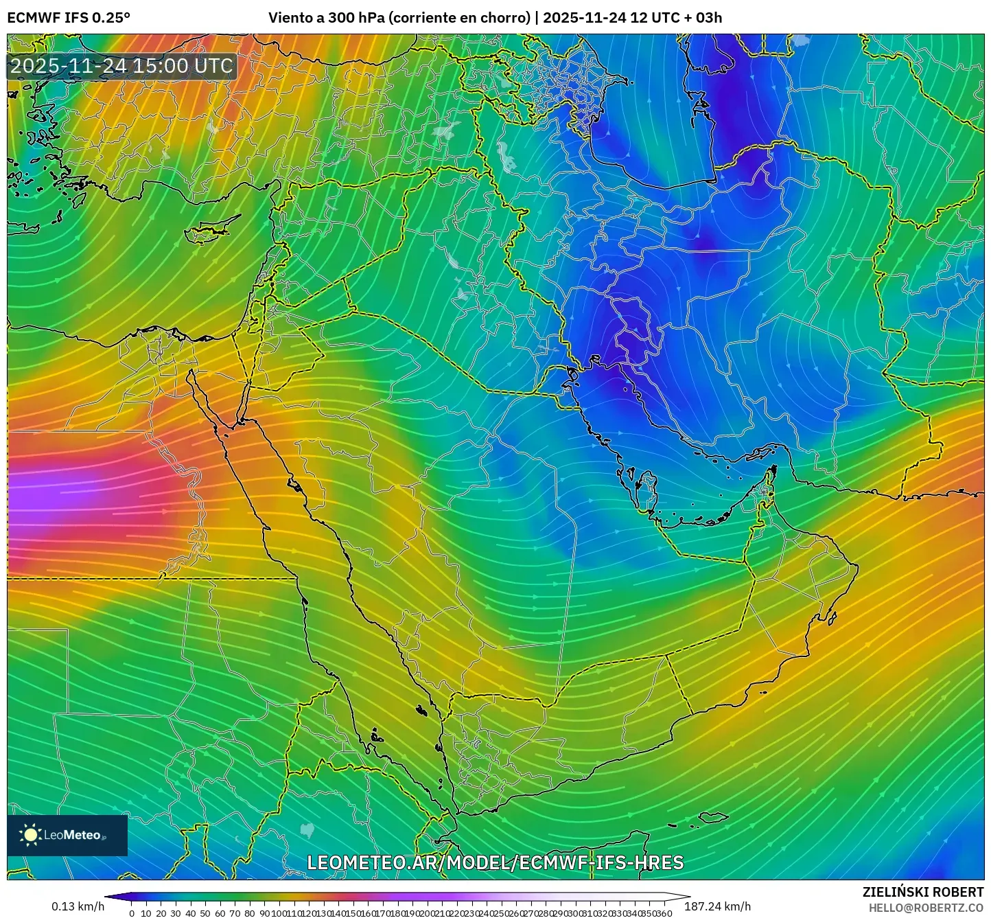 ECMWF IFS 0.25° model - Oriente Medio, Viento a 300 hPa (corriente en chorro)