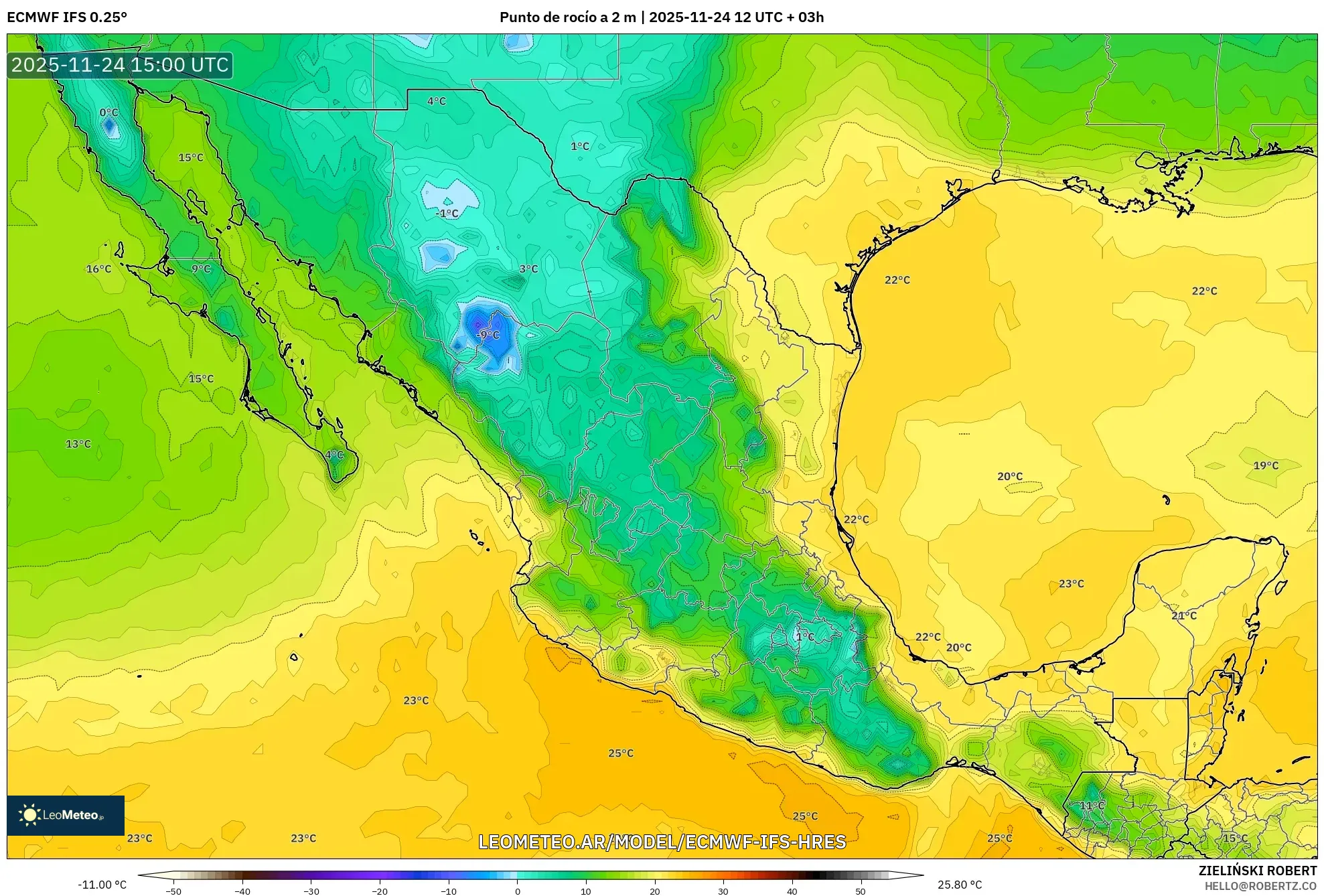 ECMWF IFS 0.25° model - México, Punto de rocío a 2 m