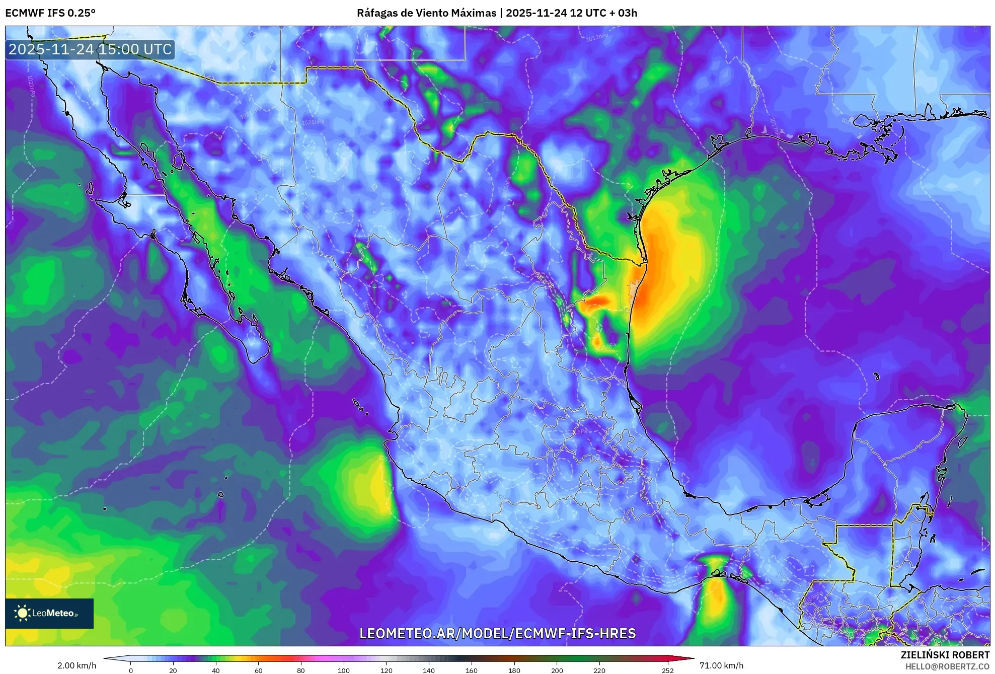 ECMWF IFS 0.25° model - México, Ráfagas de Viento Máximas