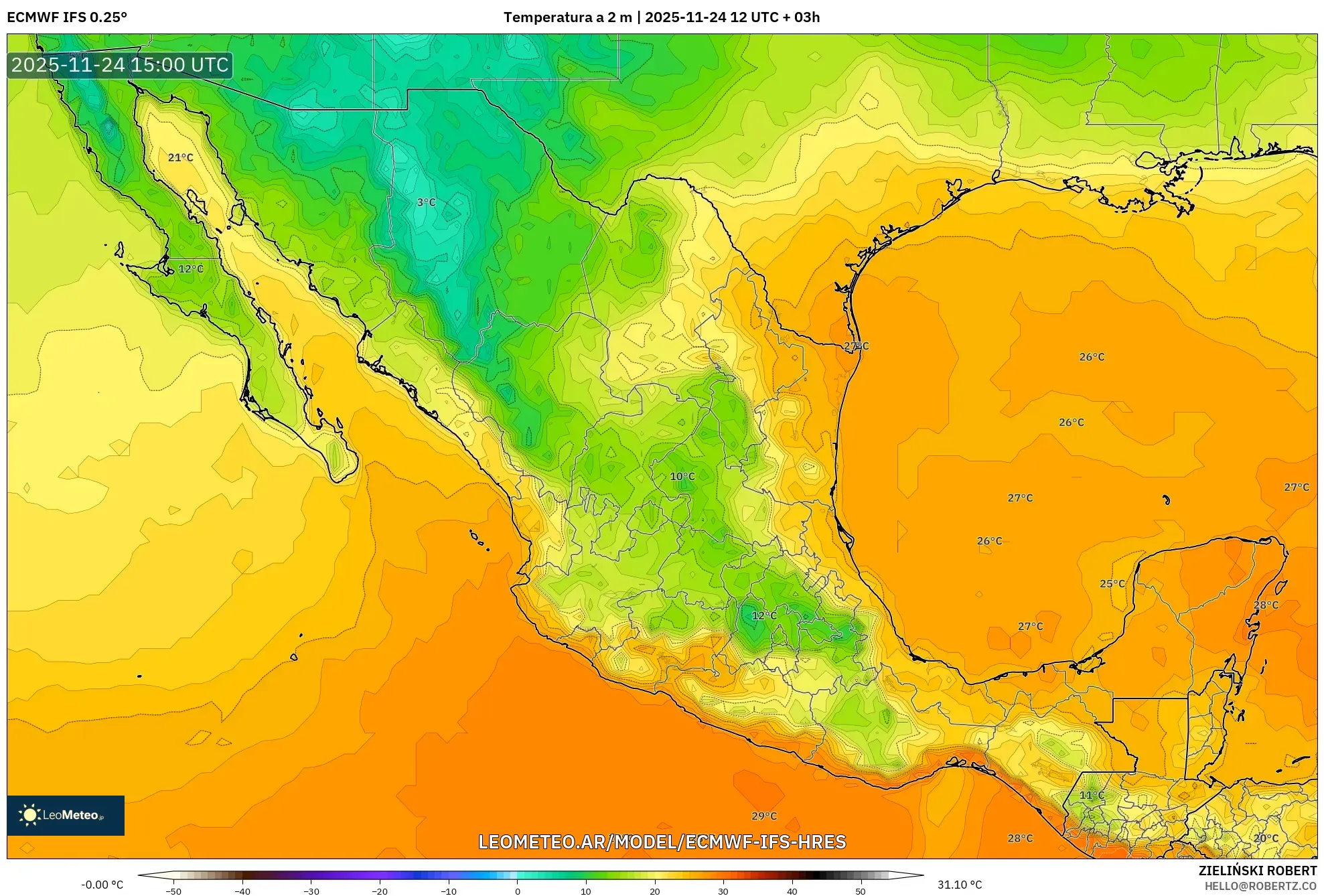 ECMWF IFS 0.25° model - México, Temperatura a 2 m