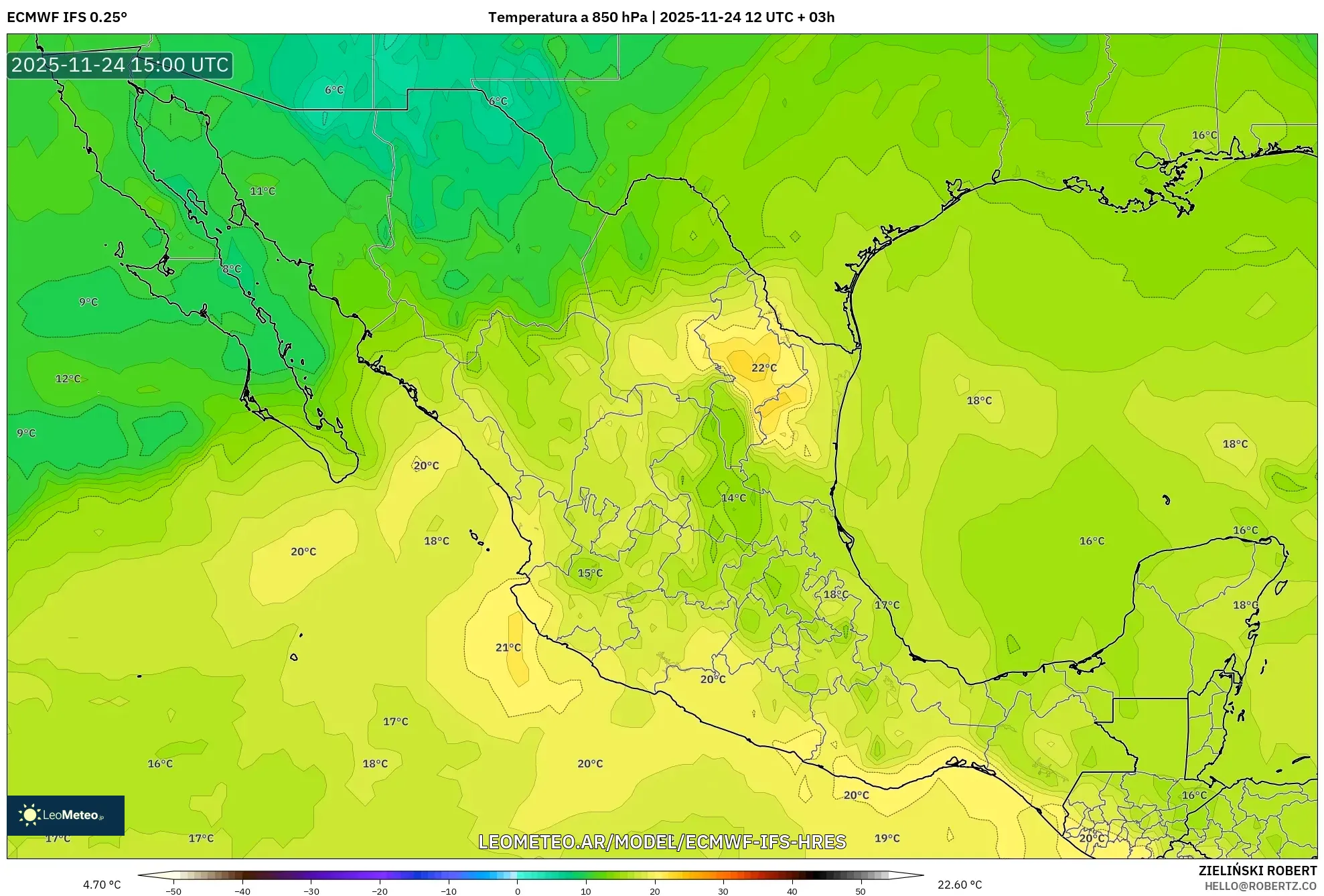 ECMWF IFS 0.25° model - México, Temperatura a 850 hPa