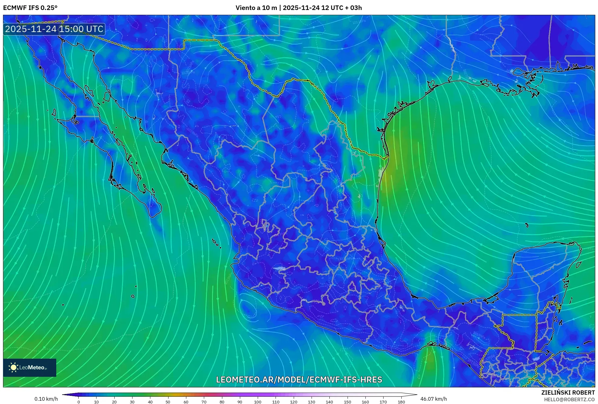 ECMWF IFS 0.25° model - México, Viento a 10 m