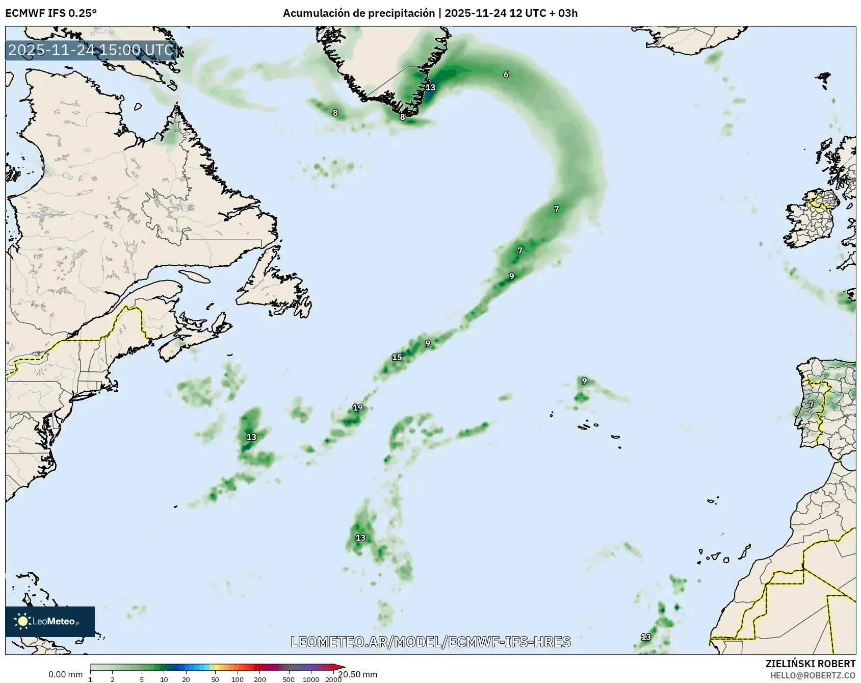ECMWF IFS 0.25° model - Norte Atlántico, Acumulación de precipitación
