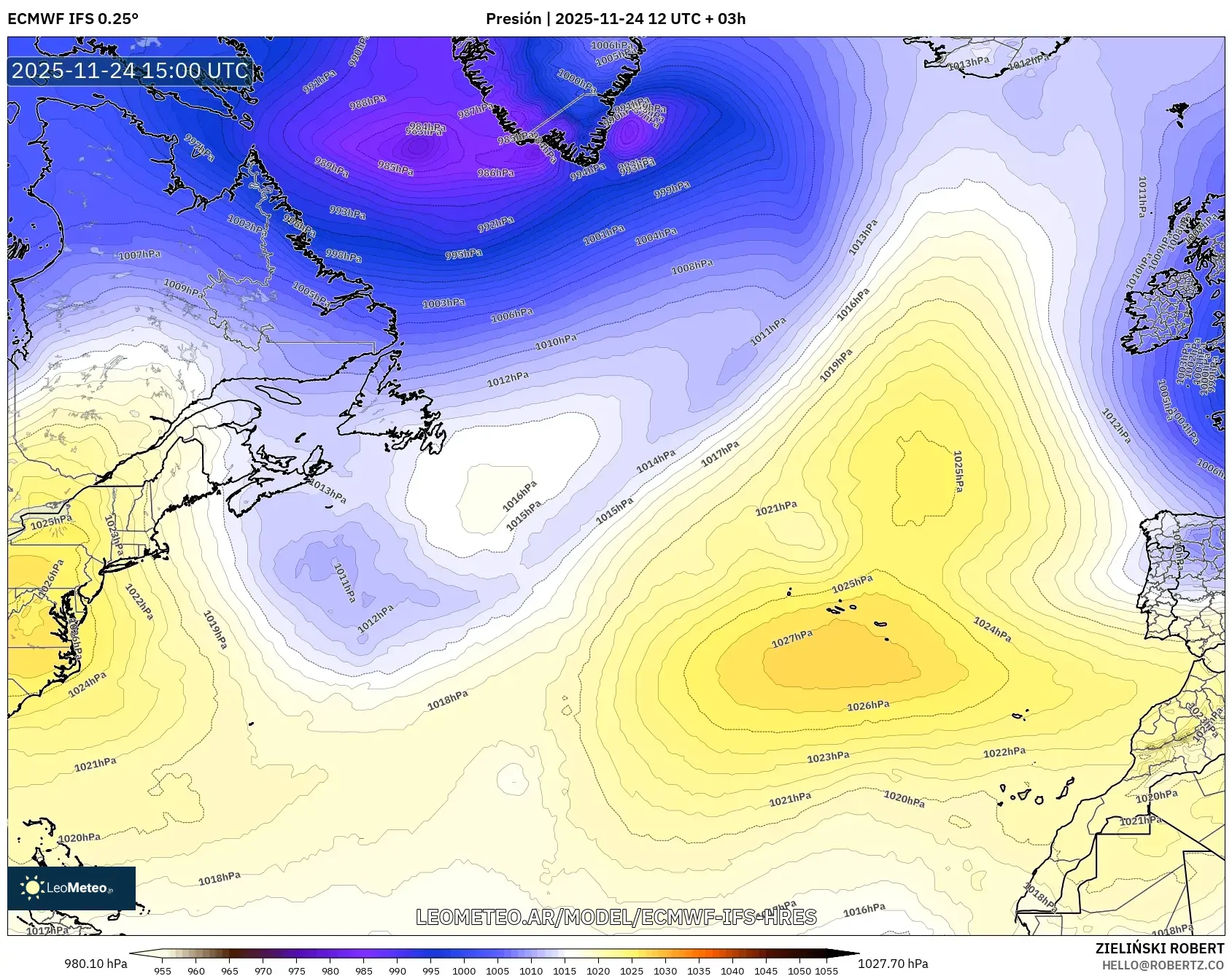 ECMWF IFS 0.25° model - Norte Atlántico, Presión