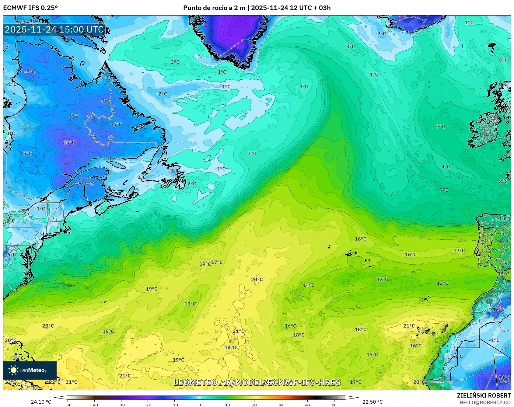 ECMWF IFS 0.25° model - Norte Atlántico, Punto de rocío a 2 m
