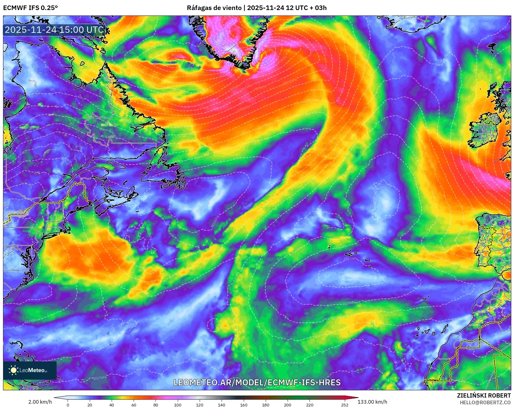 ECMWF IFS 0.25° model - Norte Atlántico, Ráfagas de viento