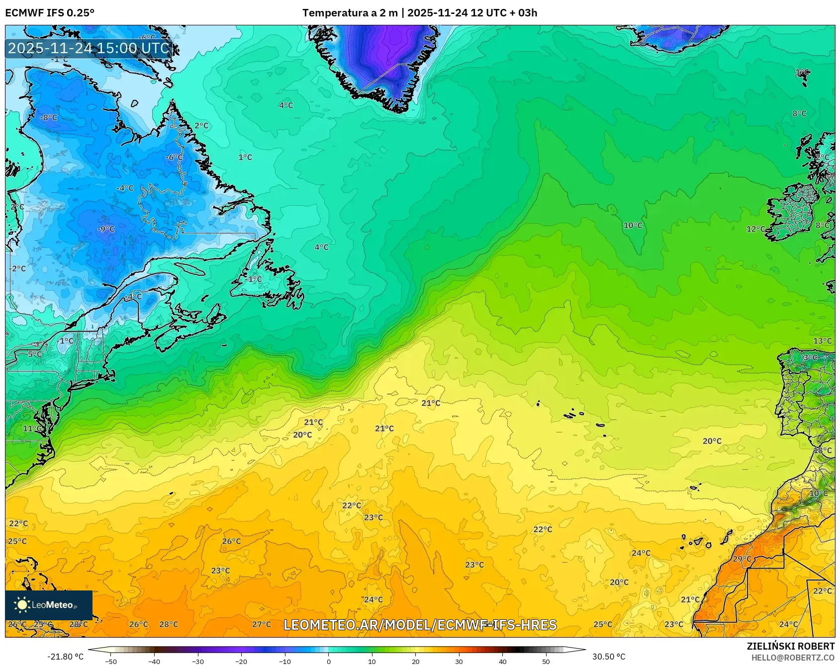 ECMWF IFS 0.25° model - Norte Atlántico, Temperatura a 2 m
