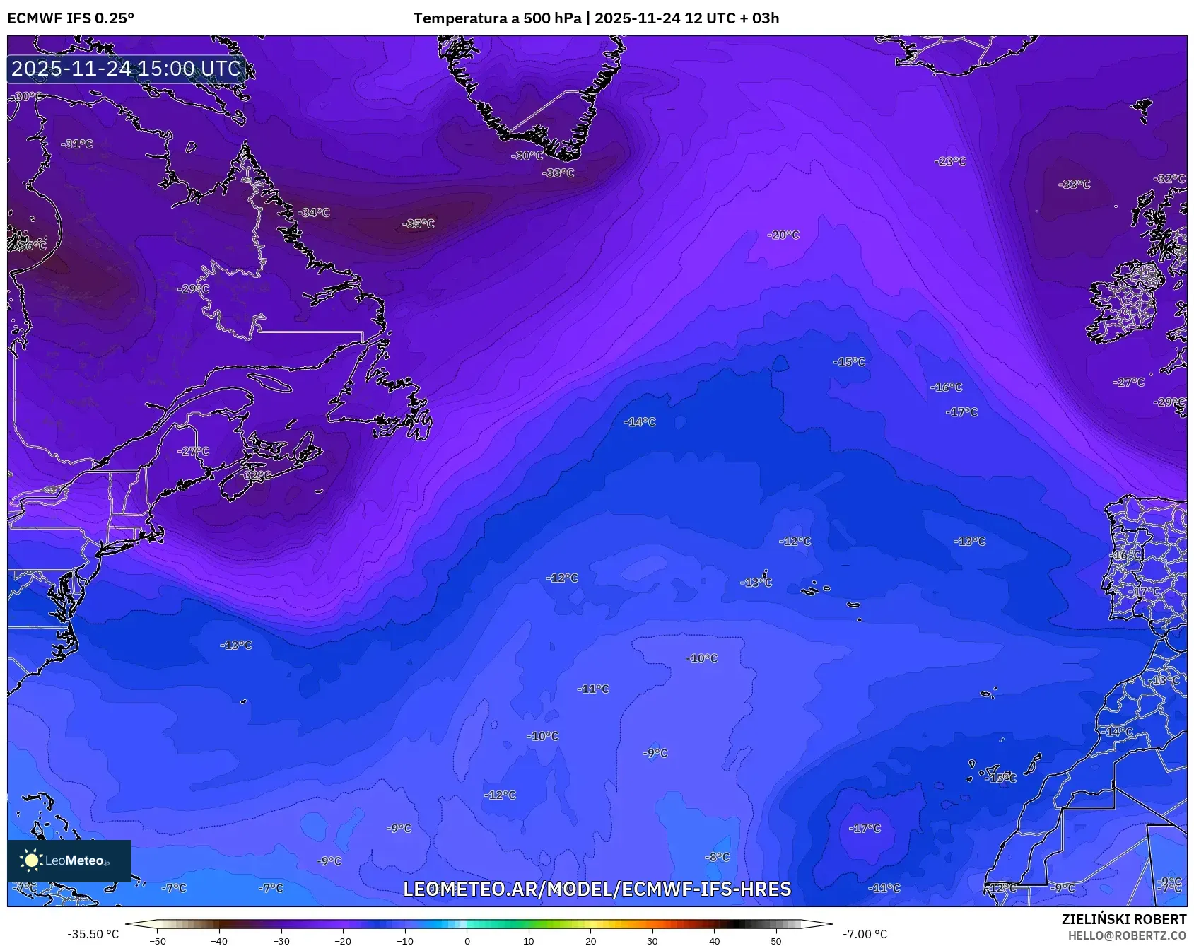 ECMWF IFS 0.25° model - Norte Atlántico, Temperatura a 500 hPa