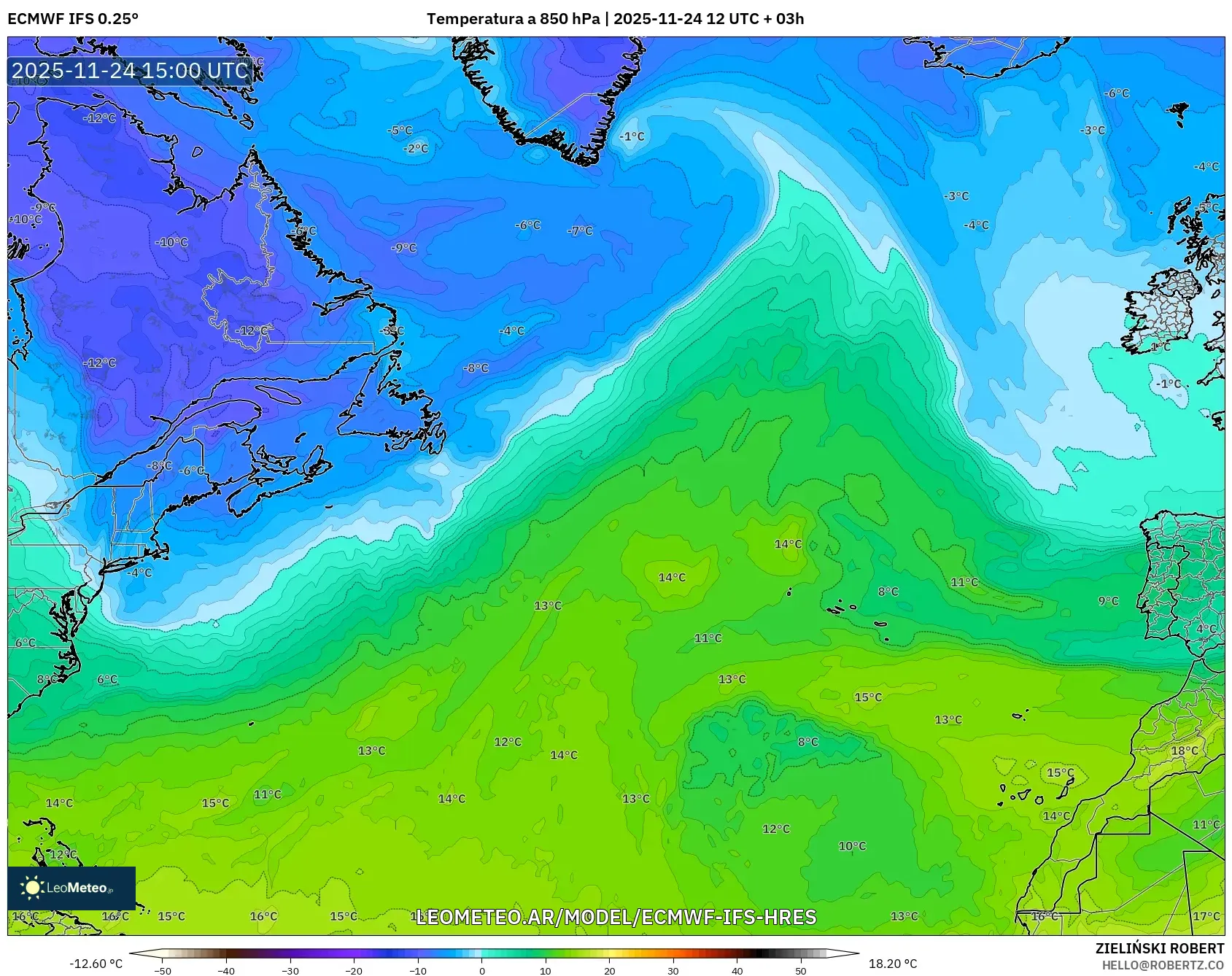 ECMWF IFS 0.25° model - Norte Atlántico, Temperatura a 850 hPa