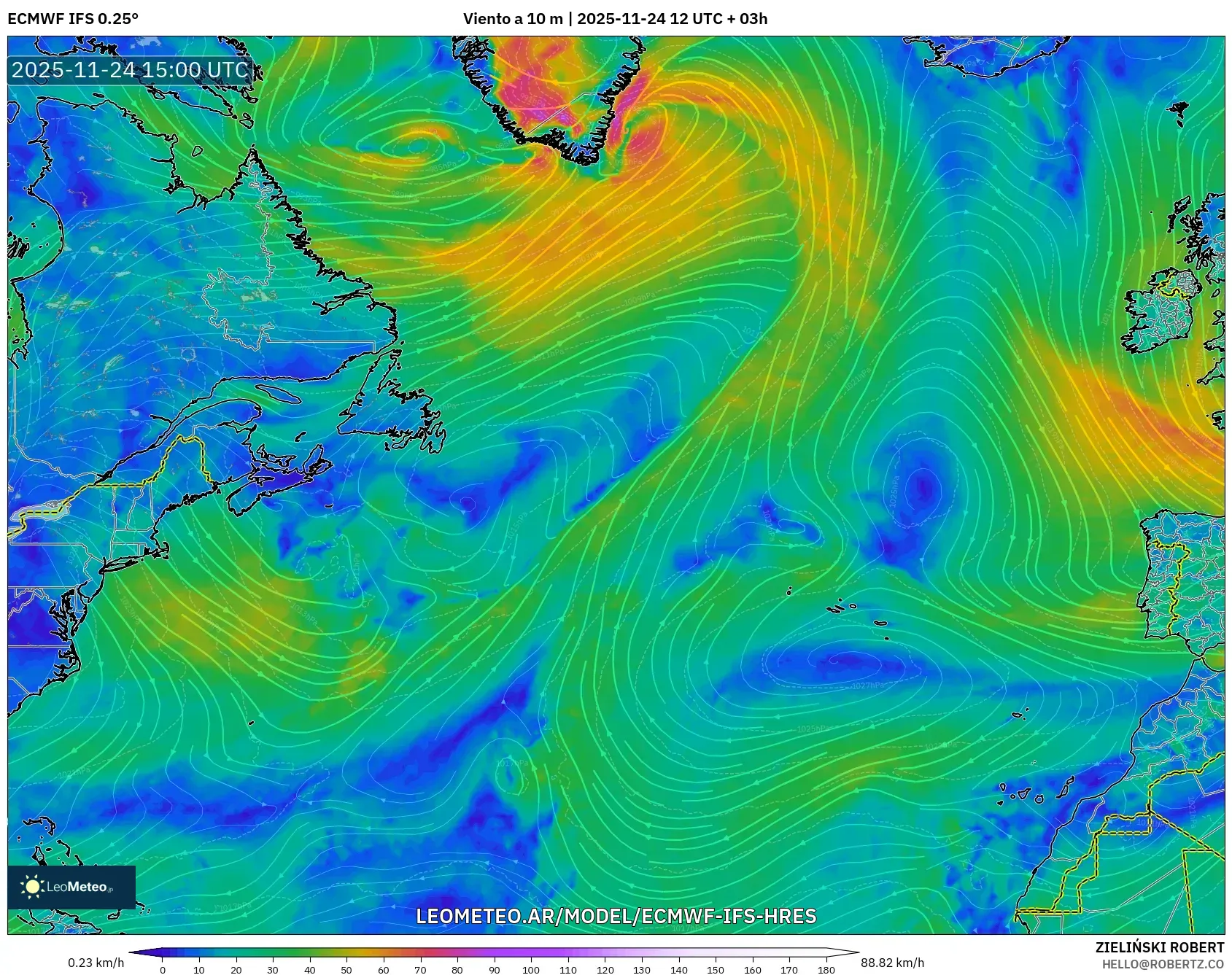 ECMWF IFS 0.25° model - Norte Atlántico, Viento a 10 m