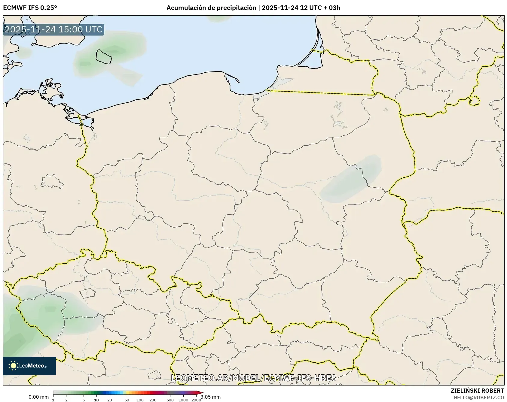 ECMWF IFS 0.25° model - Polonia, Acumulación de precipitación