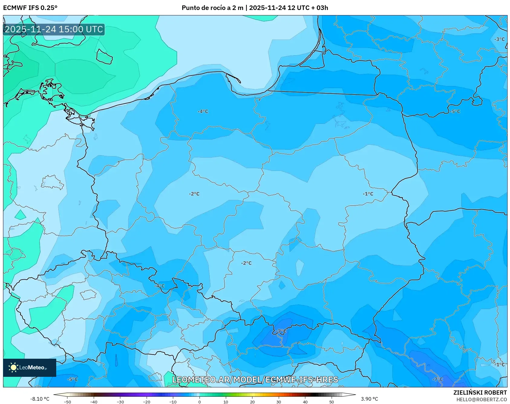 ECMWF IFS 0.25° model - Polonia, Punto de rocío a 2 m