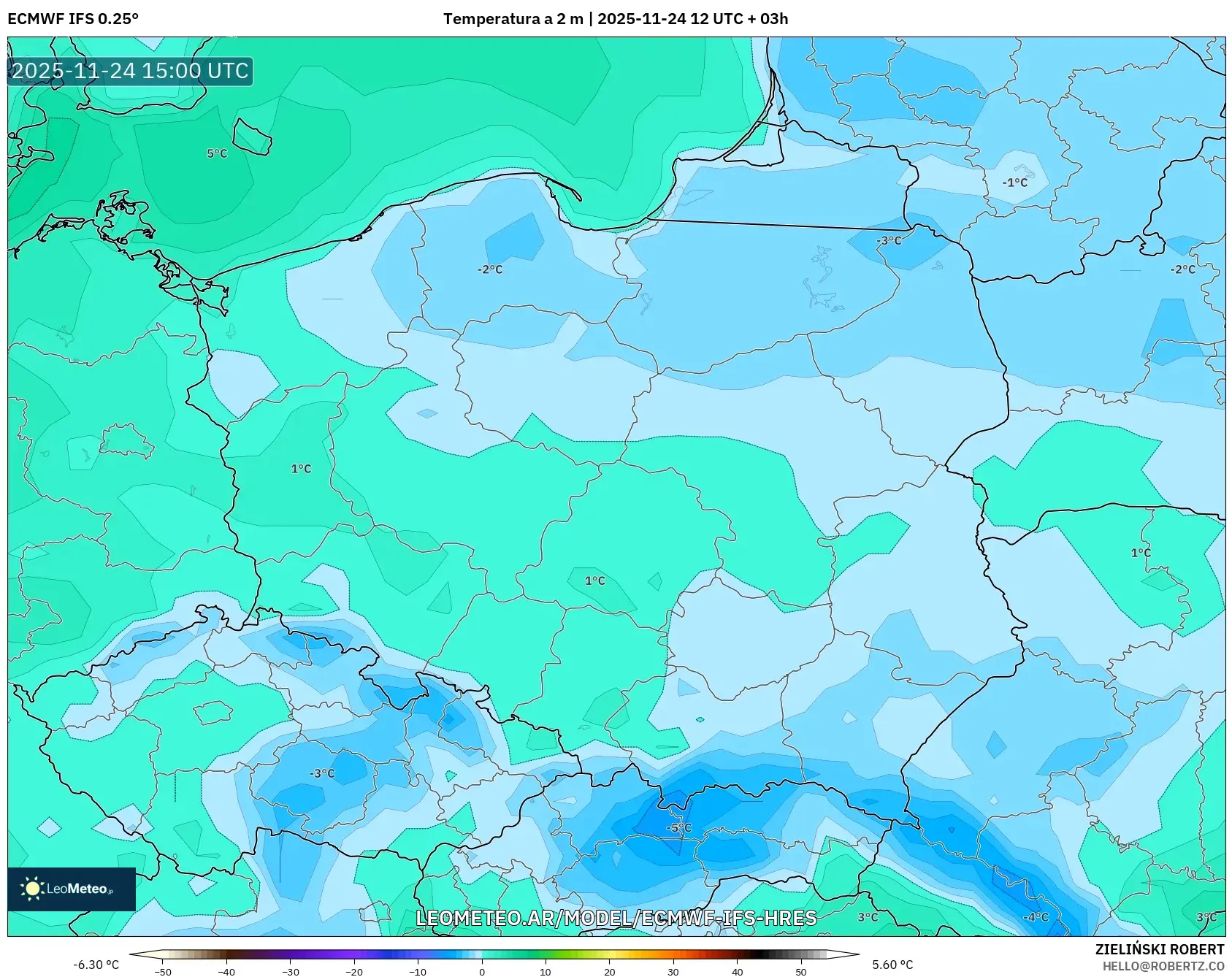 ECMWF IFS 0.25° model - Polonia, Temperatura a 2 m