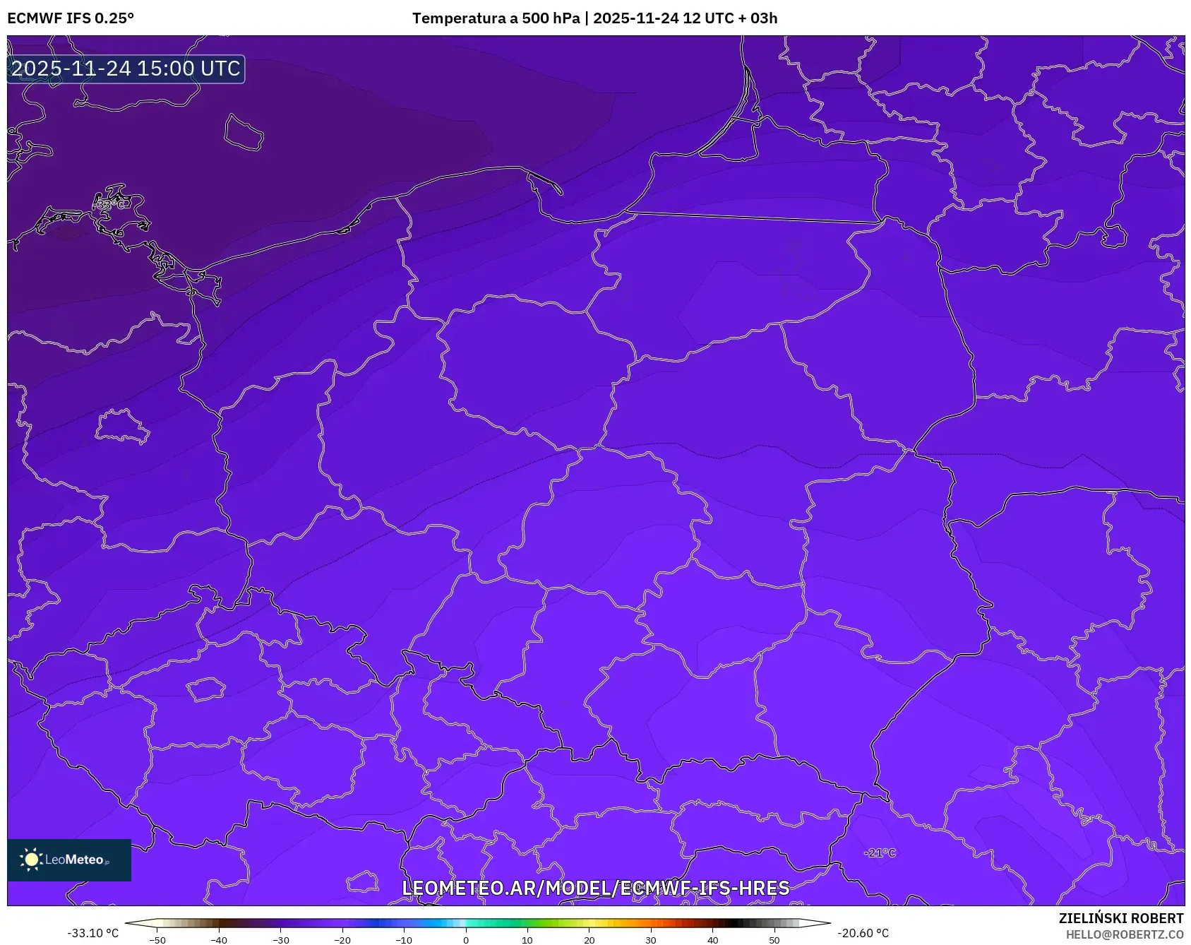 ECMWF IFS 0.25° model - Polonia, Temperatura a 500 hPa