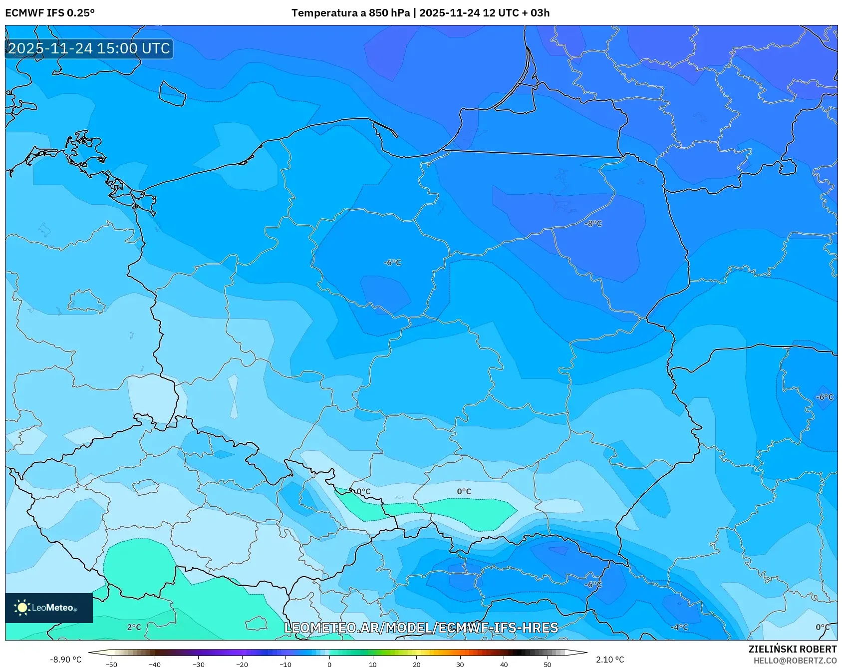 ECMWF IFS 0.25° model - Polonia, Temperatura a 850 hPa