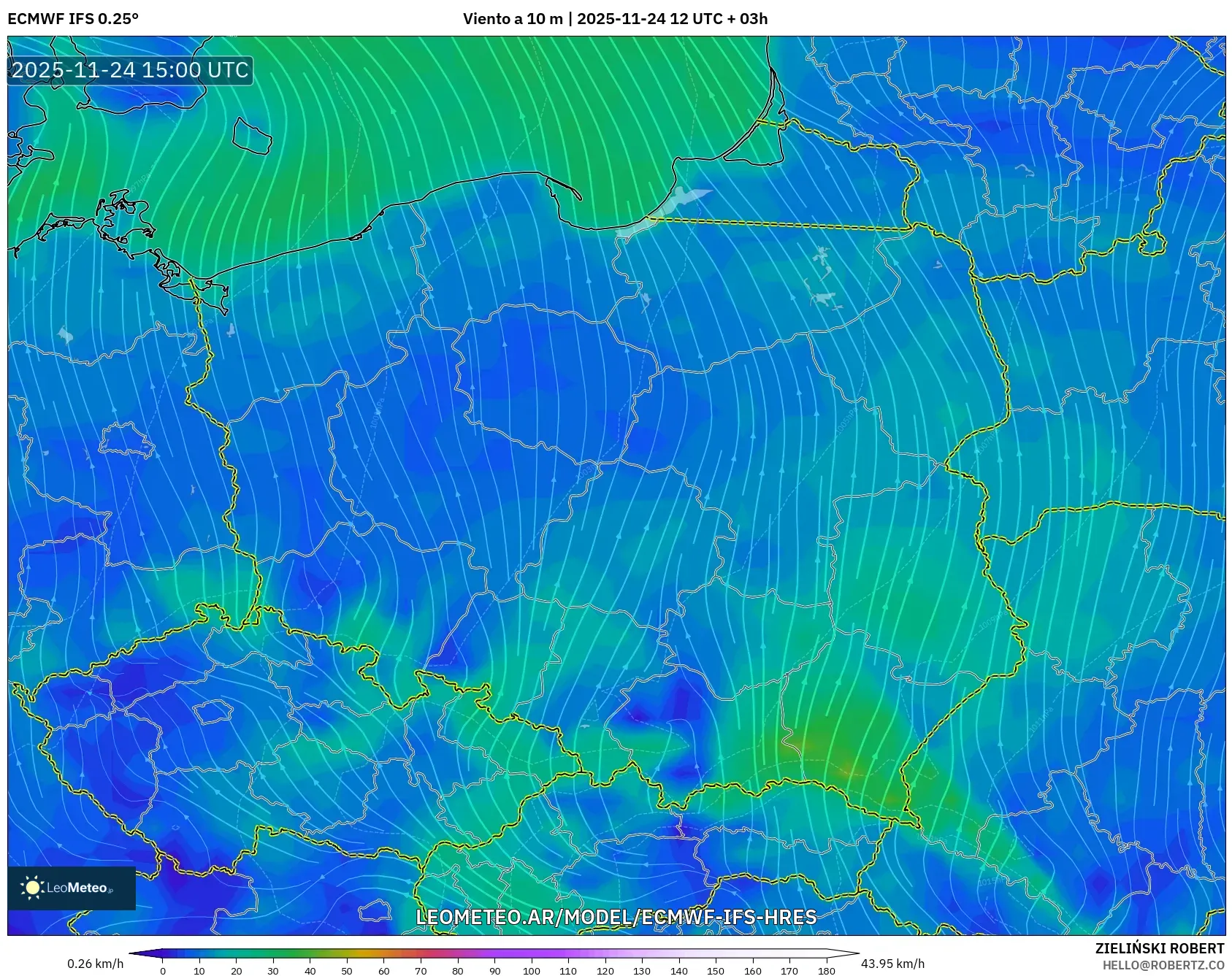ECMWF IFS 0.25° model - Polonia, Viento a 10 m