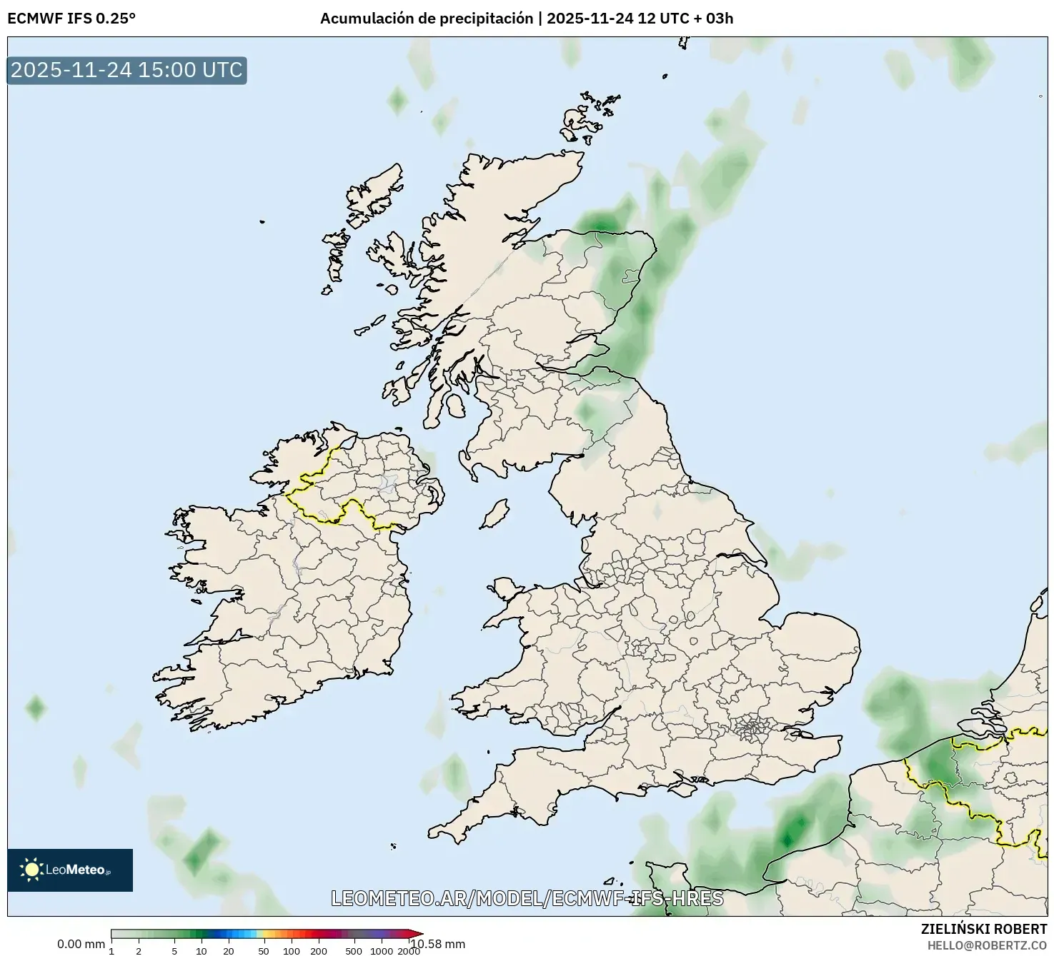 ECMWF IFS 0.25° model - Reino Unido, Acumulación de precipitación