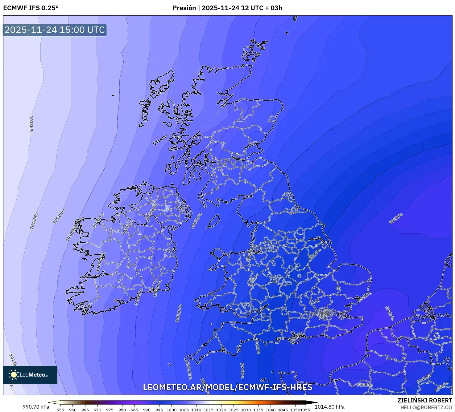 ECMWF IFS 0.25° model - Reino Unido, Presión
