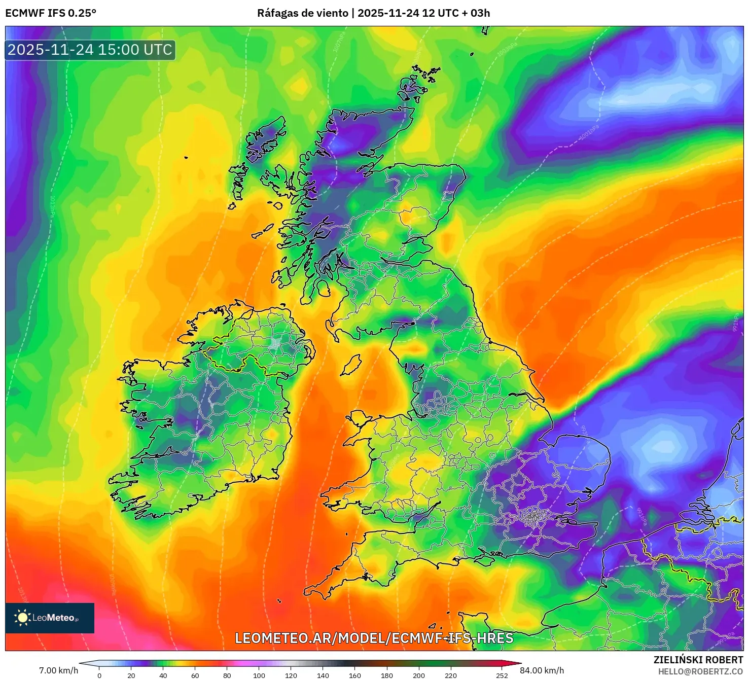 ECMWF IFS 0.25° model - Reino Unido, Ráfagas de viento