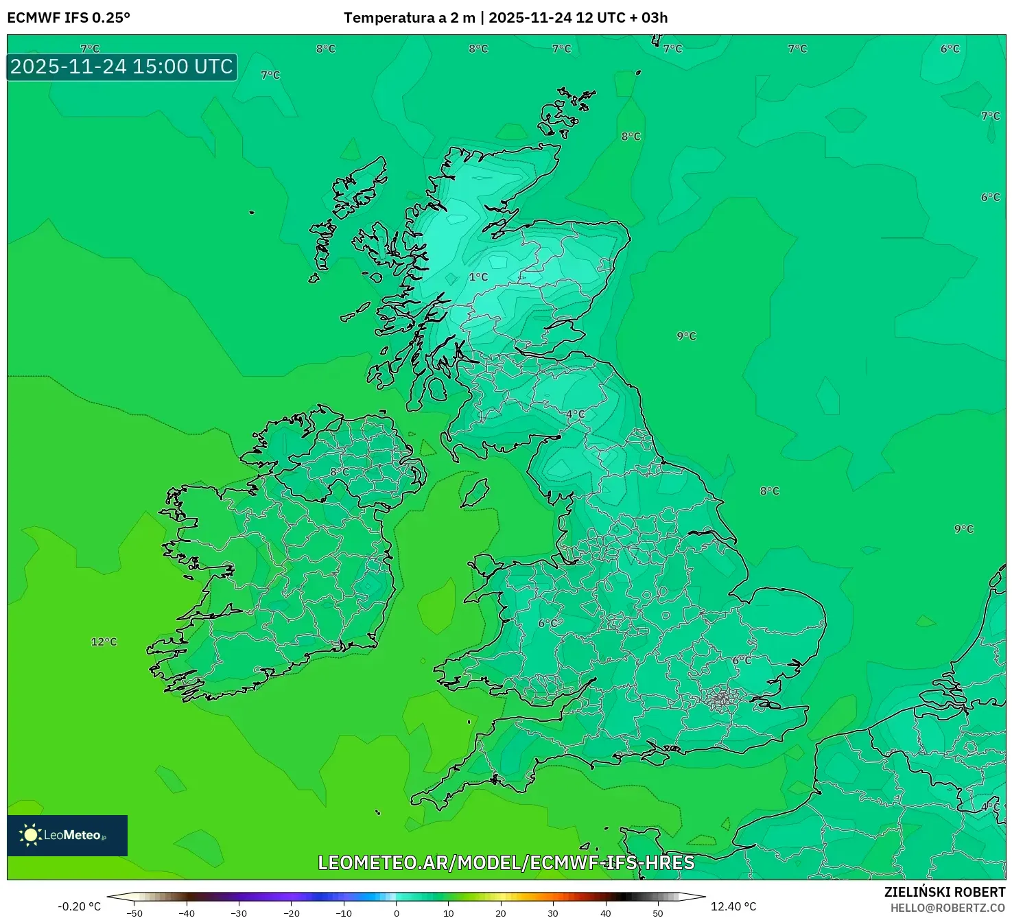 ECMWF IFS 0.25° model - Reino Unido, Temperatura a 2 m