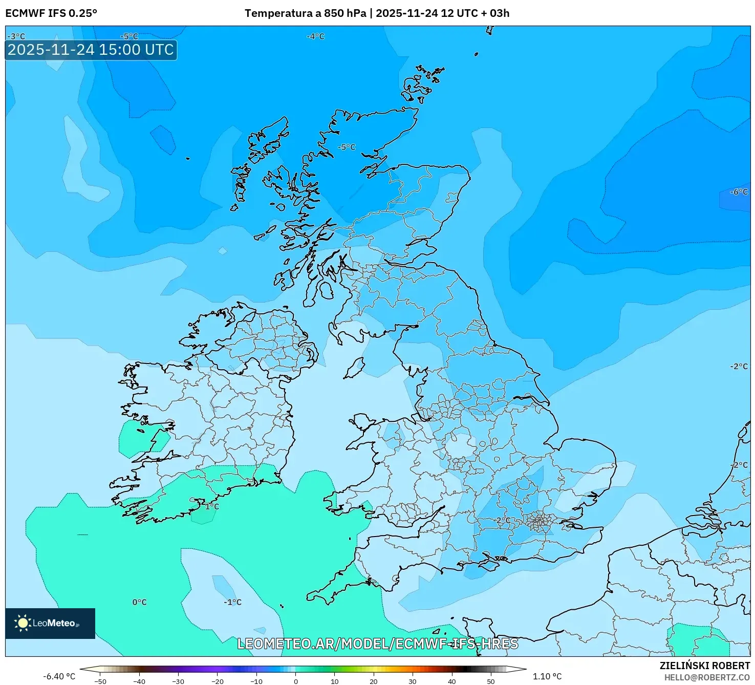 ECMWF IFS 0.25° model - Reino Unido, Temperatura a 850 hPa