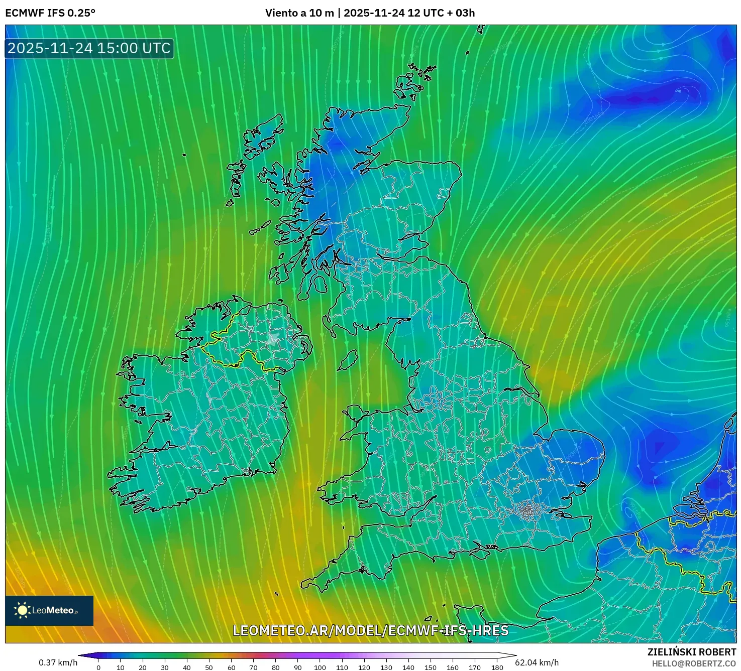 ECMWF IFS 0.25° model - Reino Unido, Viento a 10 m