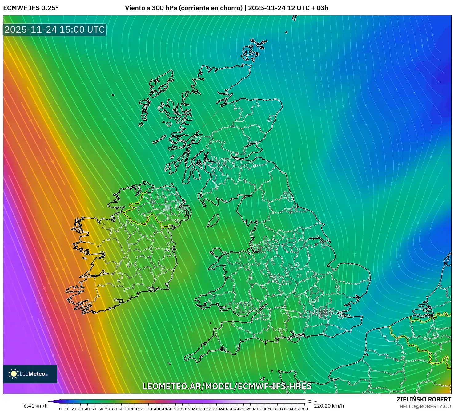 ECMWF IFS 0.25° model - Reino Unido, Viento a 300 hPa (corriente en chorro)
