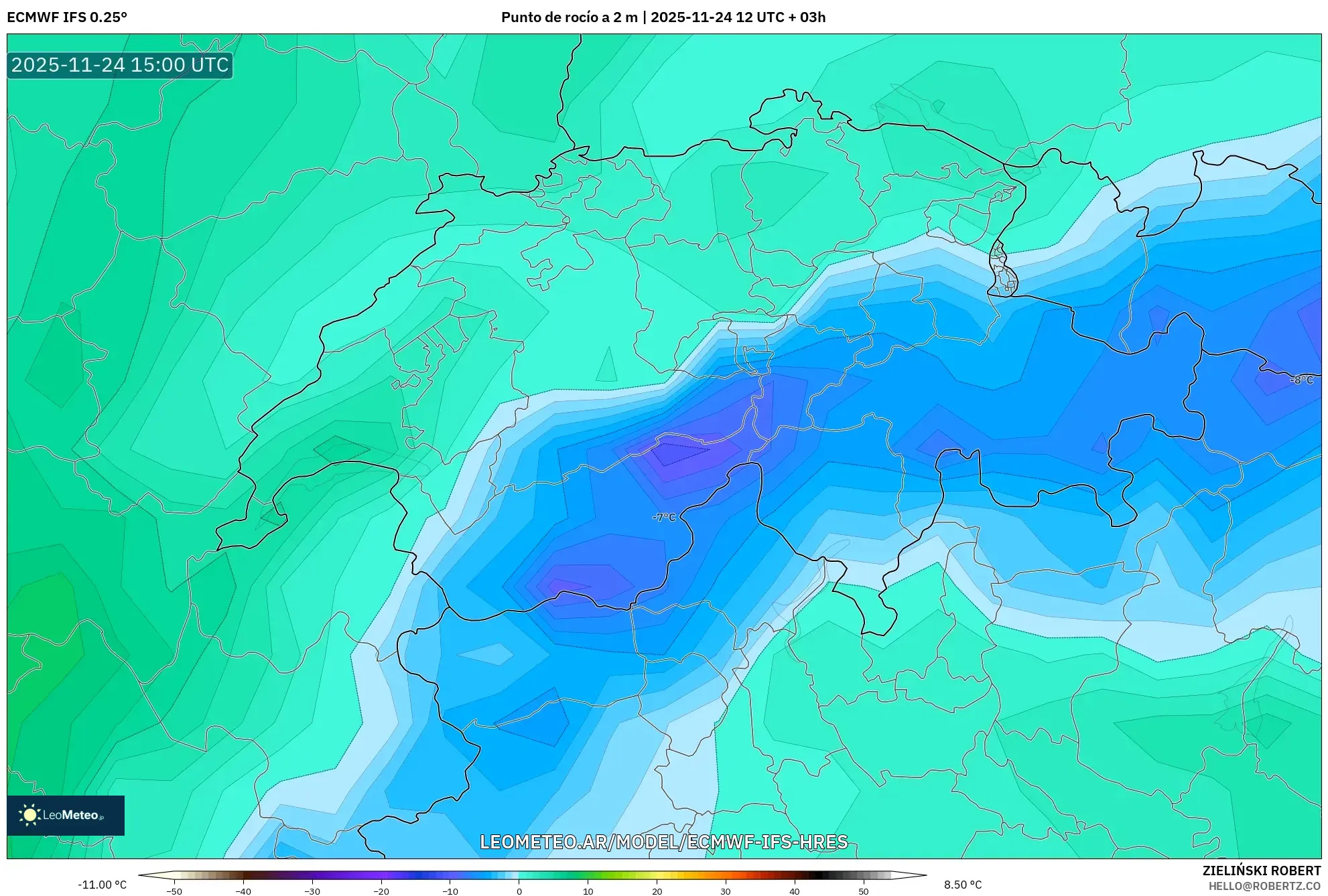 ECMWF IFS 0.25° model - Suiza, Punto de rocío a 2 m