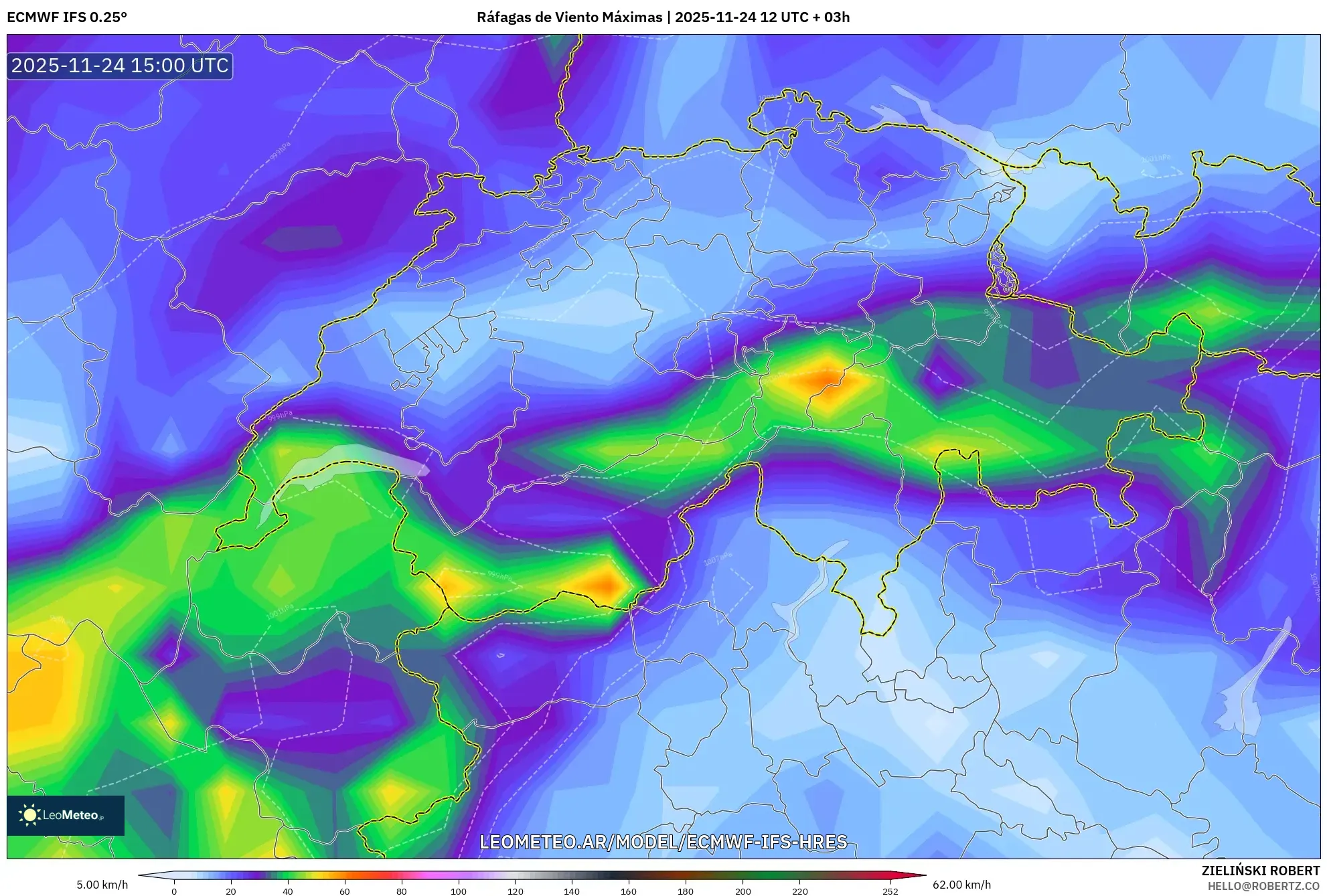 ECMWF IFS 0.25° model - Suiza, Ráfagas de Viento Máximas