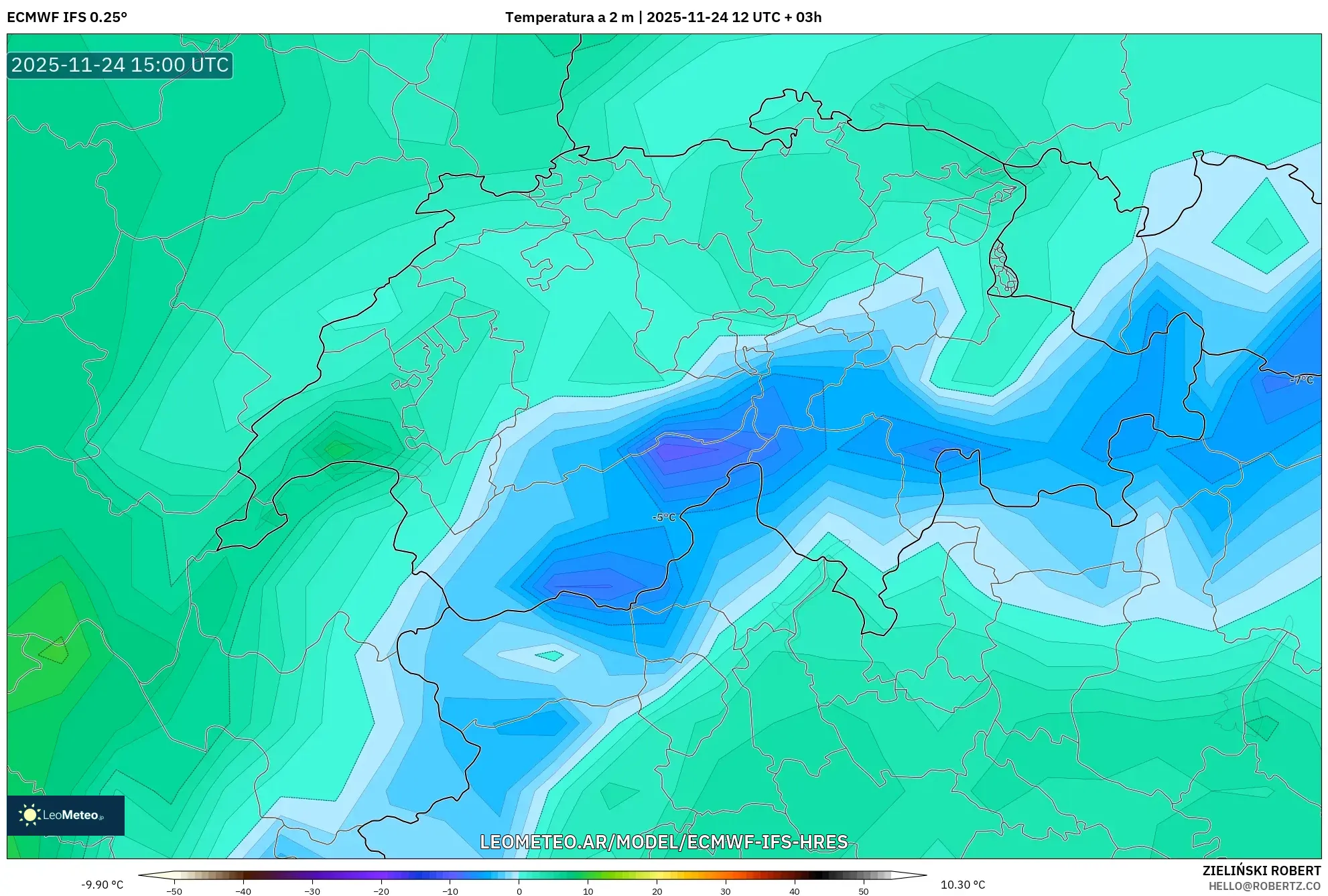 ECMWF IFS 0.25° model - Suiza, Temperatura a 2 m